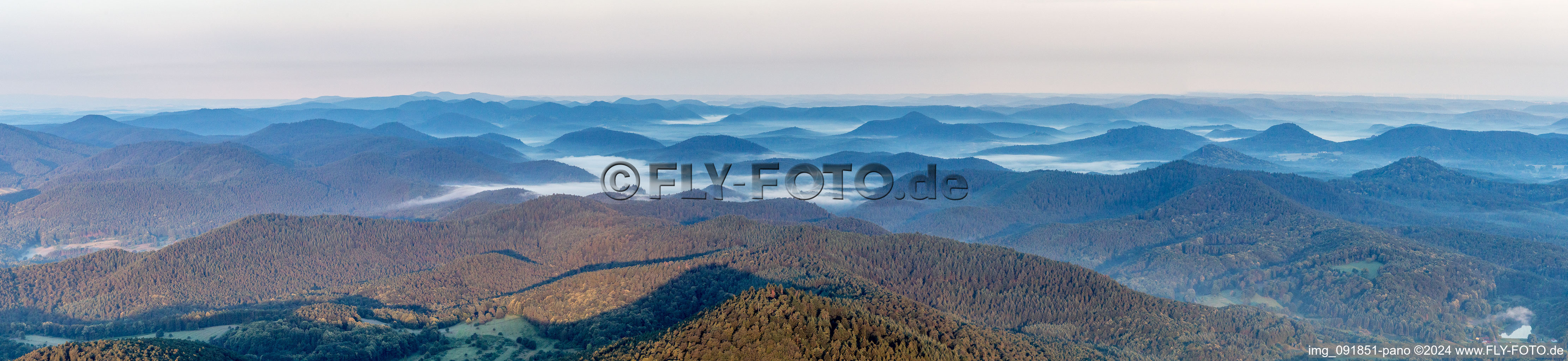 Panorama - Perspektive der Wald- und Berglandschaft des Pfälzerwald mit Tälern im Morgennebel in Dahn im Bundesland Rheinland-Pfalz, Deutschland