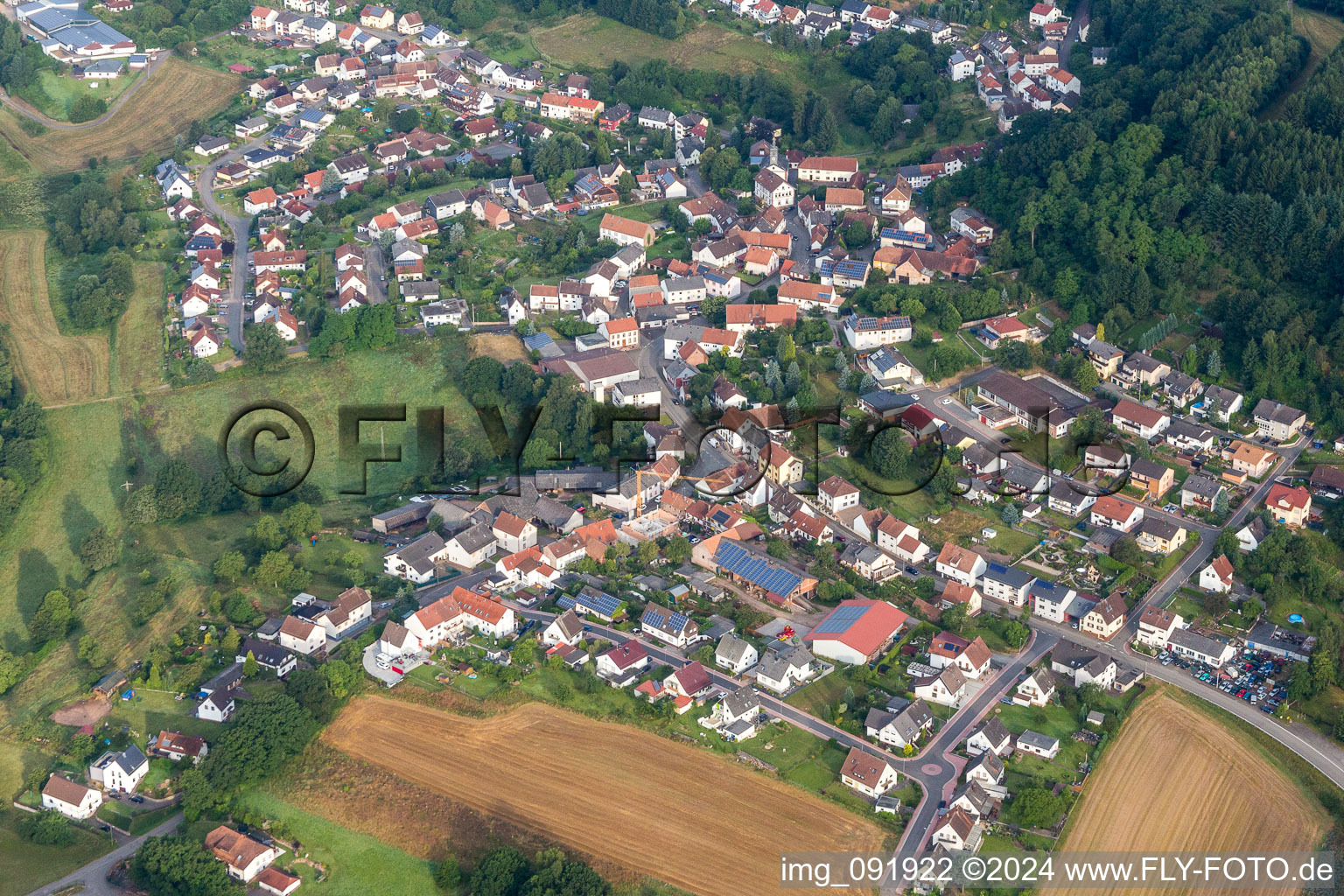 Dorf - Ansicht am Rande von landwirtschaftlichen Feldern und Nutzflächen in Lambsborn im Bundesland Rheinland-Pfalz, Deutschland