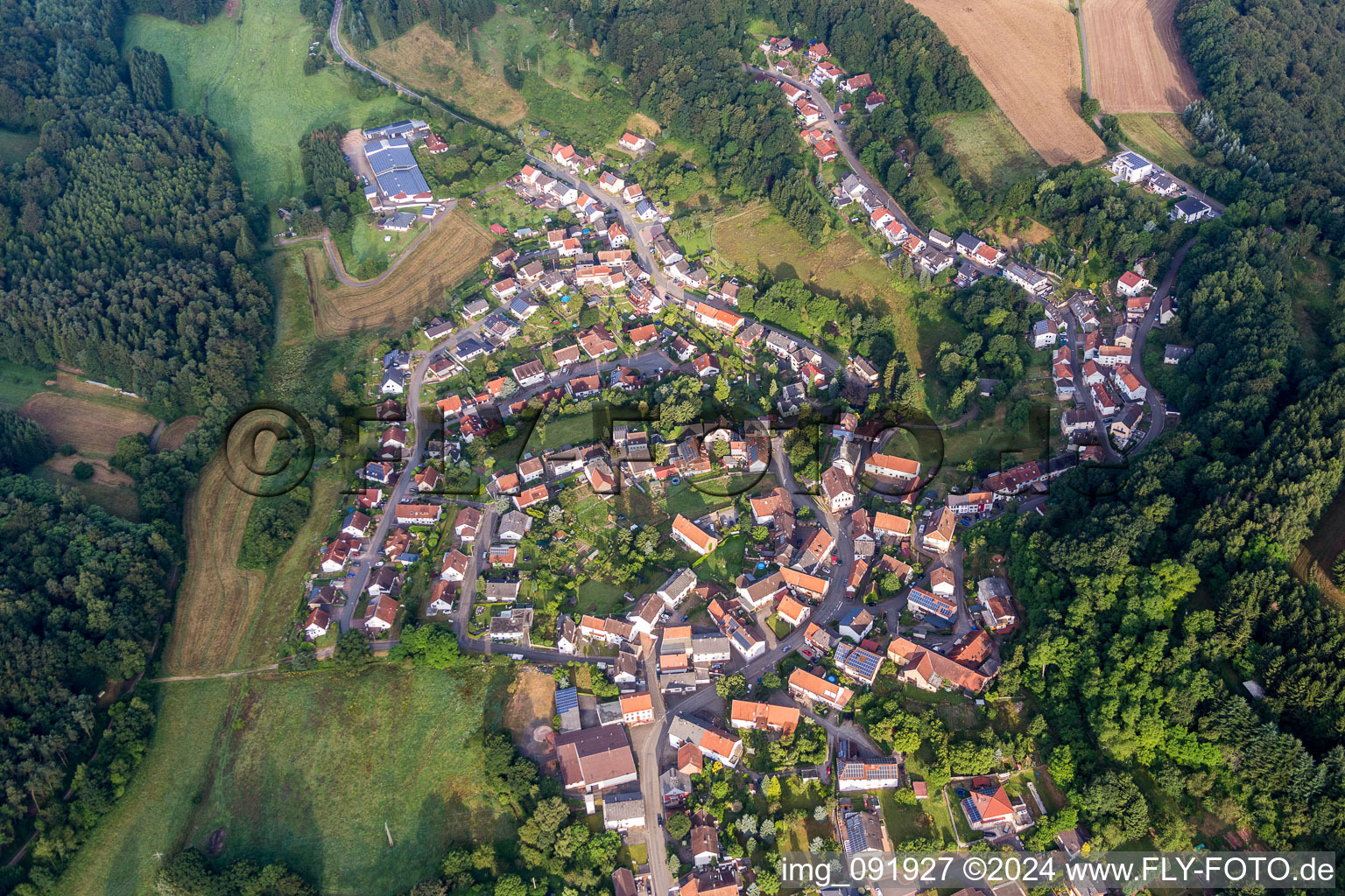 Luftbild von Dorf - Ansicht am Rande von landwirtschaftlichen Feldern und Nutzflächen in Lambsborn im Bundesland Rheinland-Pfalz, Deutschland