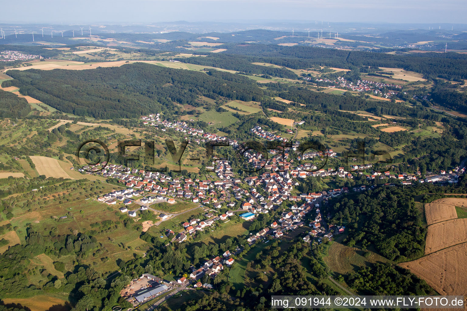 Dorf - Ansicht am Rande von landwirtschaftlichen Feldern und Nutzflächen in Dittweiler im Bundesland Rheinland-Pfalz, Deutschland