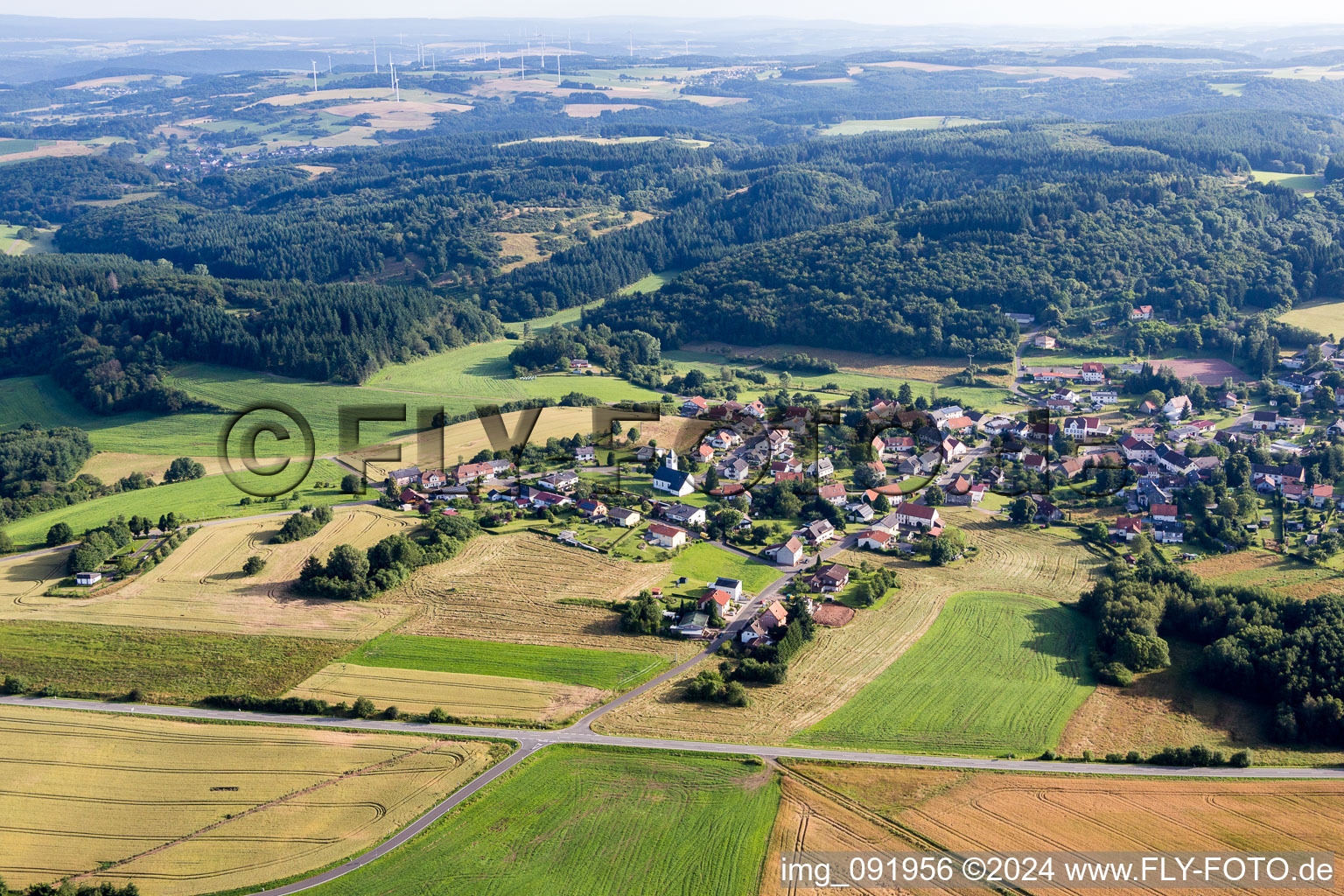 Luftaufnahme von Dorf - Ansicht am Rande von landwirtschaftlichen Feldern und Nutzflächen in Reitscheid im Bundesland Saarland, Deutschland