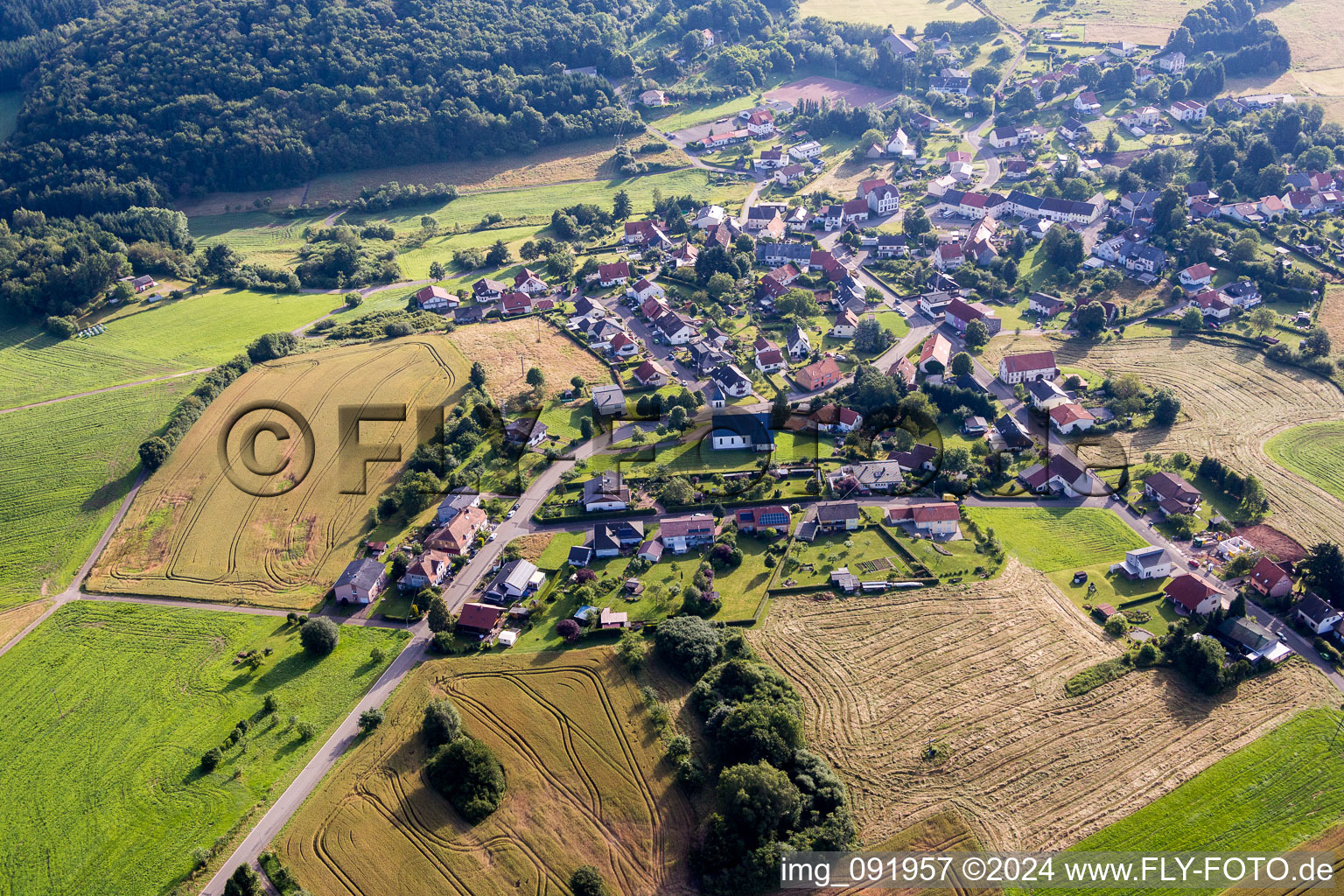 Schrägluftbild von Dorf - Ansicht am Rande von landwirtschaftlichen Feldern und Nutzflächen in Reitscheid im Bundesland Saarland, Deutschland