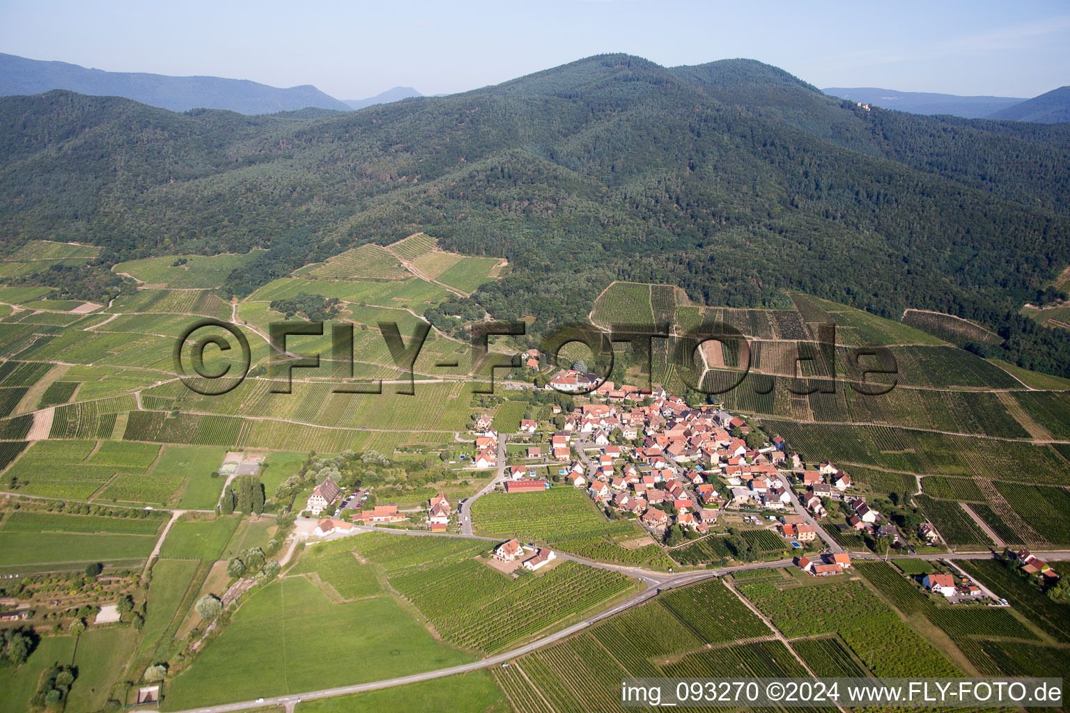 Schrägluftbild von Dorf - Ansicht am Rande von landwirtschaftlichen Feldern und Nutzflächen in Dieffenthal in Grand Est im Bundesland Bas-Rhin, Frankreich