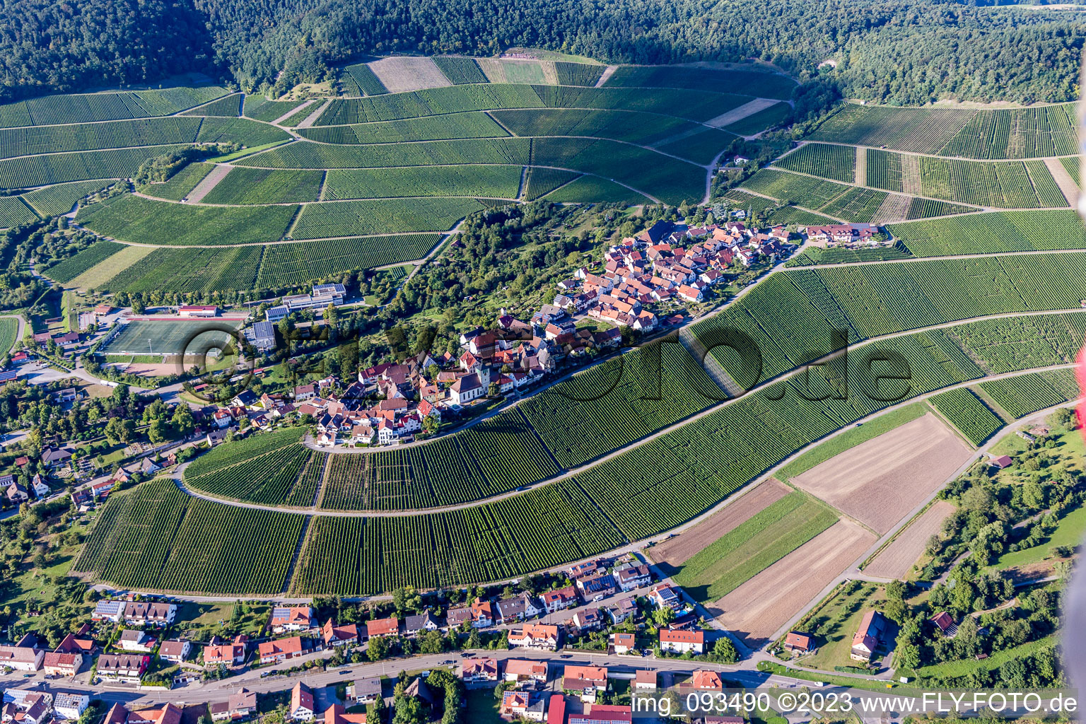 Luftbild von Winzerdorf auf Weinberg in Hohenhaslach im Bundesland Baden-Württemberg, Deutschland
