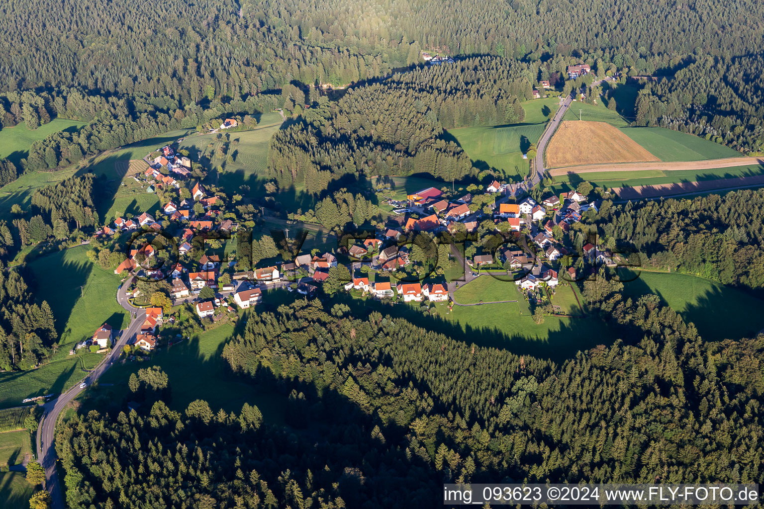 Dorf - Ansicht am Rande von landwirtschaftlichen Feldern und Nutzflächen im Ortsteil Ebni in Kaisersbach im Bundesland Baden-Württemberg, Deutschland