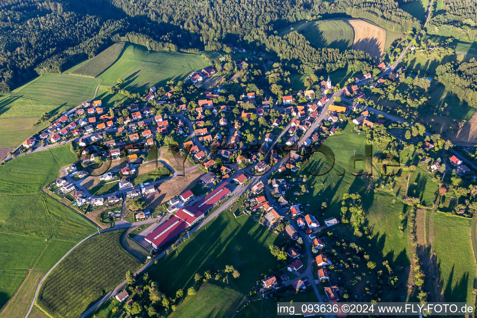 Dorf - Ansicht am Rande von landwirtschaftlichen Feldern und Nutzflächen im Ortsteil Kirchenkirnberg in Murrhardt im Bundesland Baden-Württemberg, Deutschland