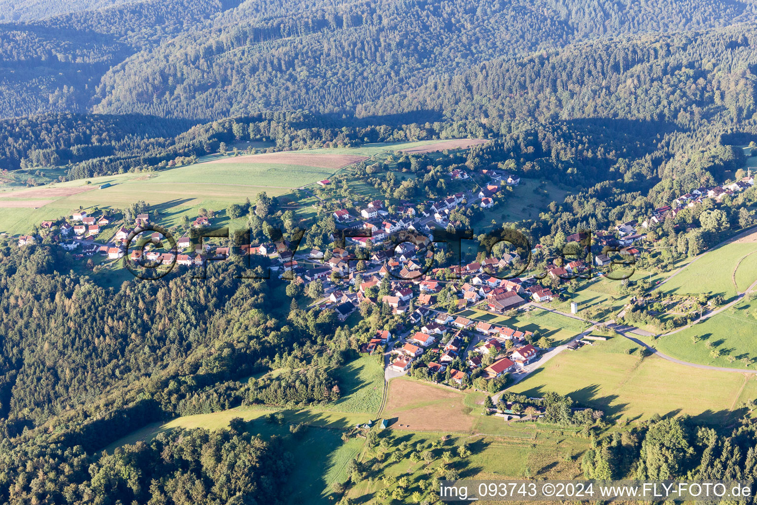 Dorf - Ansicht am Rande von landwirtschaftlichen Feldern und Nutzflächen in Spiegelberg im Bundesland Baden-Württemberg, Deutschland