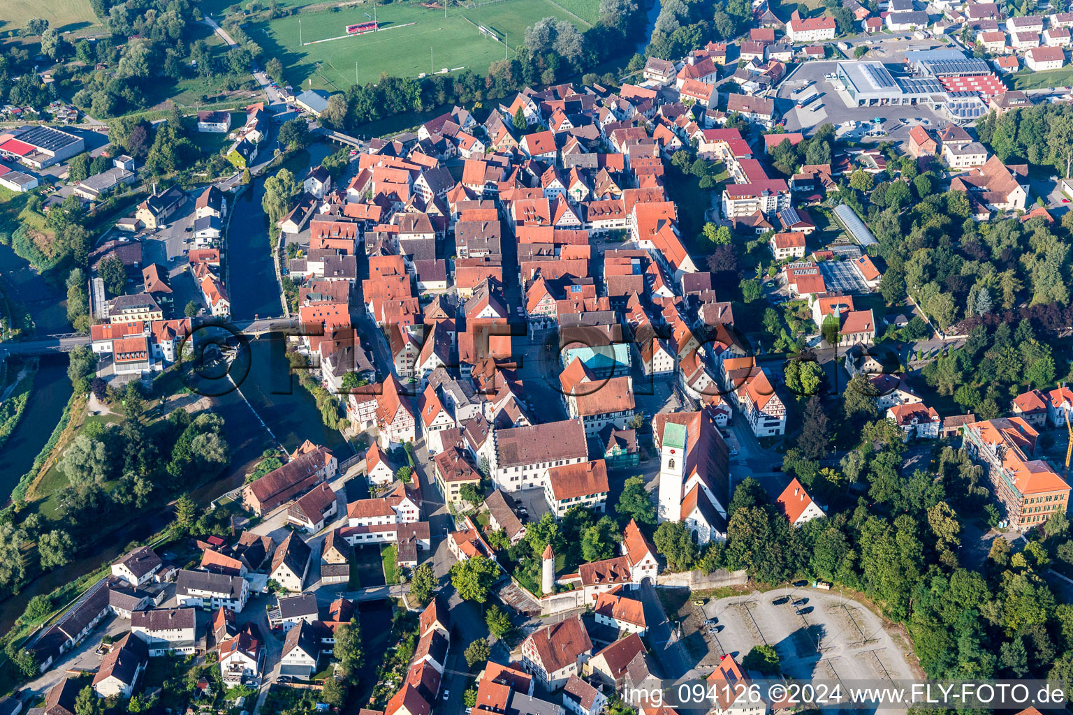 Luftbild von Altstadtbereich und Innenstadtzentrum in Riedlingen im Bundesland Baden-Württemberg, Deutschland