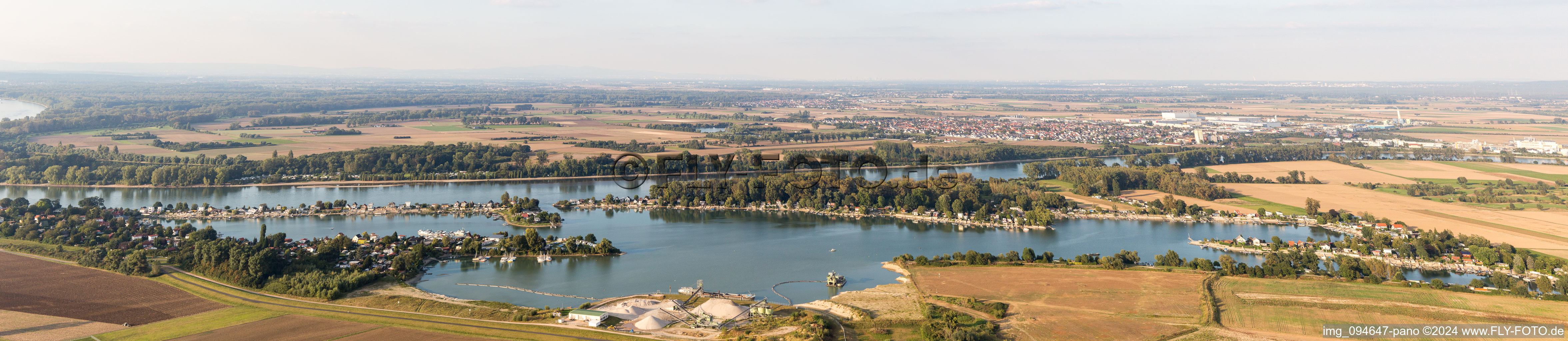 Panorama- Perspektive Uferbereiche am Seegebiet des Eicher See im Ortsteil Eicher See Wochenendhausgebiet in Hamm Am Rhein im Bundesland Rheinland-Pfalz, Deutschland