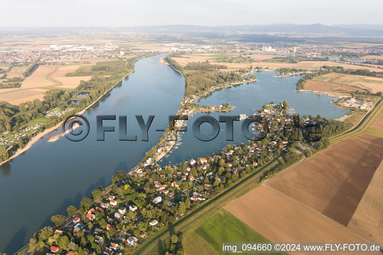 Luftaufnahme von Wochenendhausgebiet und Uferbereiche Eicher See am Rhein im Ortsteil Eicher See in Eich im Bundesland Rheinland-Pfalz, Deutschland