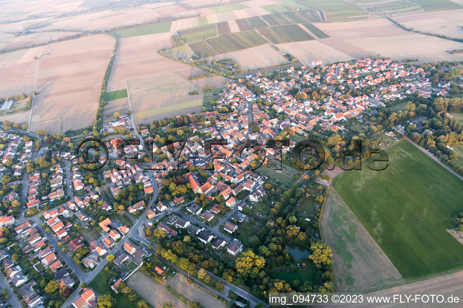 Luftbild von Ortsansicht der Straßen und Häuser der Wohngebiete in Hahnheim im Bundesland Rheinland-Pfalz, Deutschland