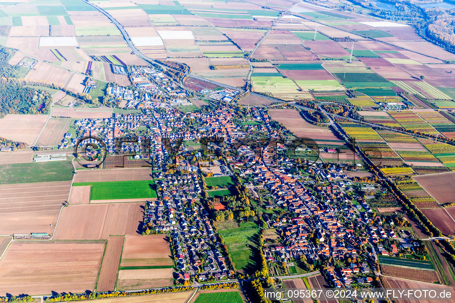 Luftbild von Ortsansicht der Straßen und Häuser der Wohngebiete in Schwegenheim im Bundesland Rheinland-Pfalz, Deutschland