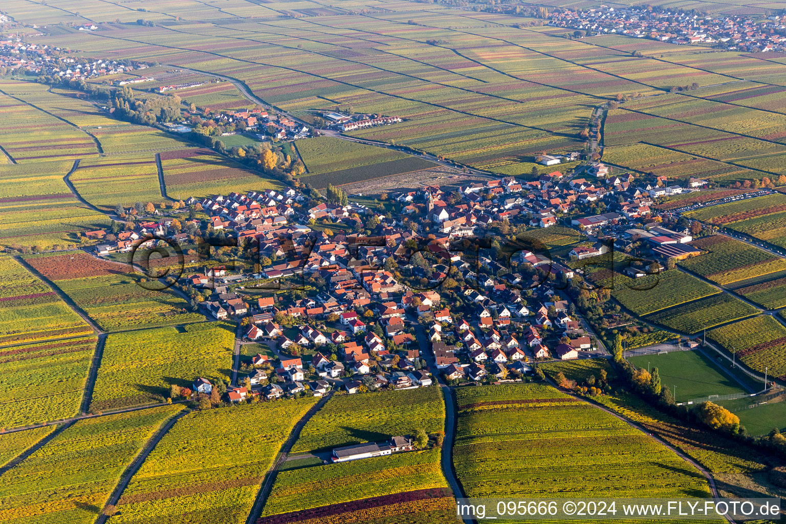 Dorf - Ansicht am Rande von herbstlich gefärbten Weinbergen in Hainfeld im Bundesland Rheinland-Pfalz, Deutschland