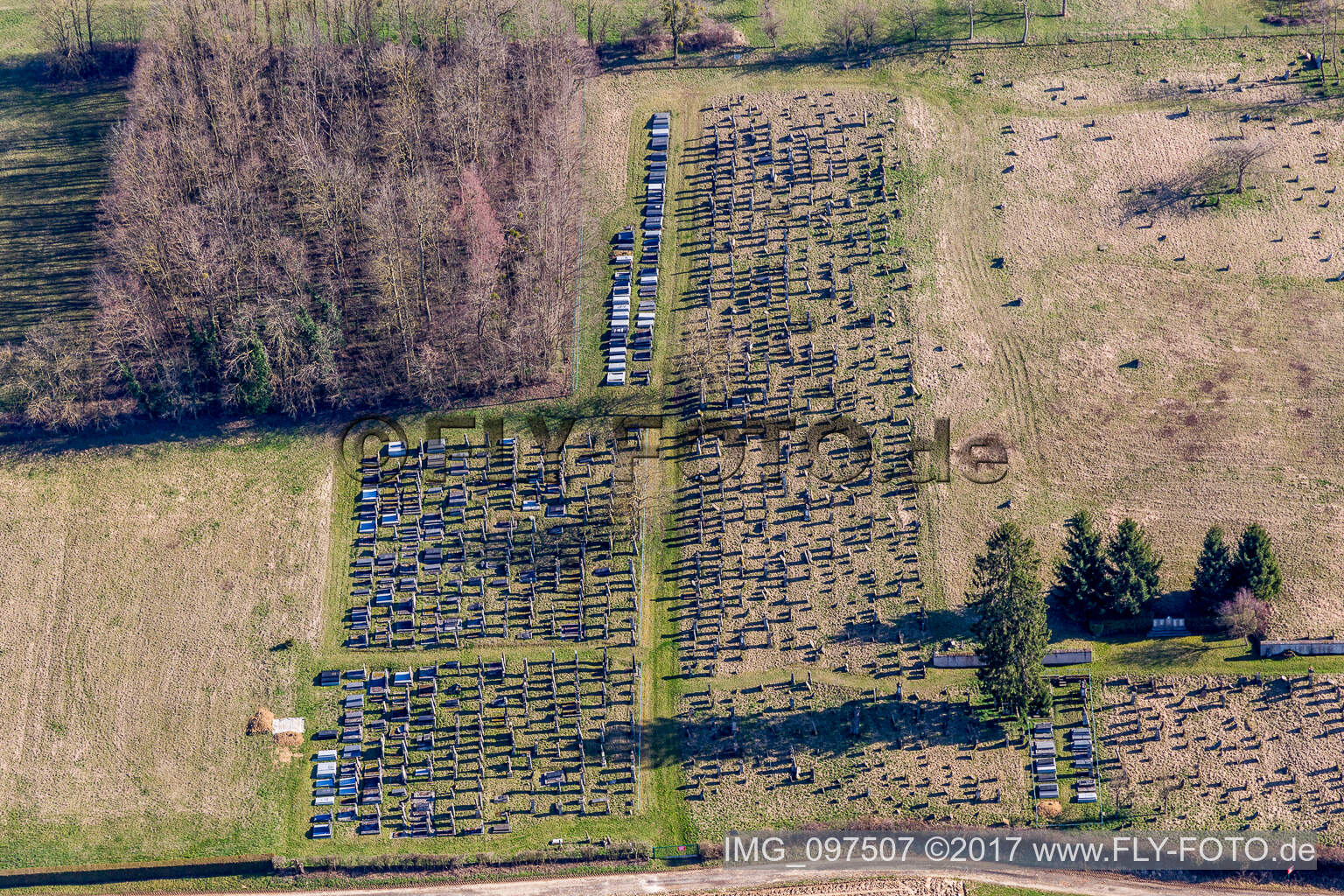 Schrägluftbild von Grabreihen auf dem Gelände des Friedhofes in Ettendorf in Grand Est im Bundesland Bas-Rhin, Frankreich