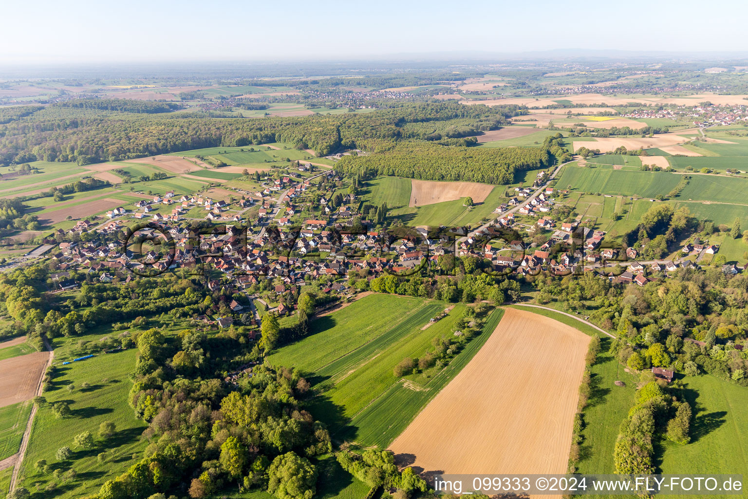 Dorf - Ansicht am Rande von landwirtschaftlichen Feldern und Nutzflächen in Lobsann in Grand Est im Bundesland Bas-Rhin, Frankreich