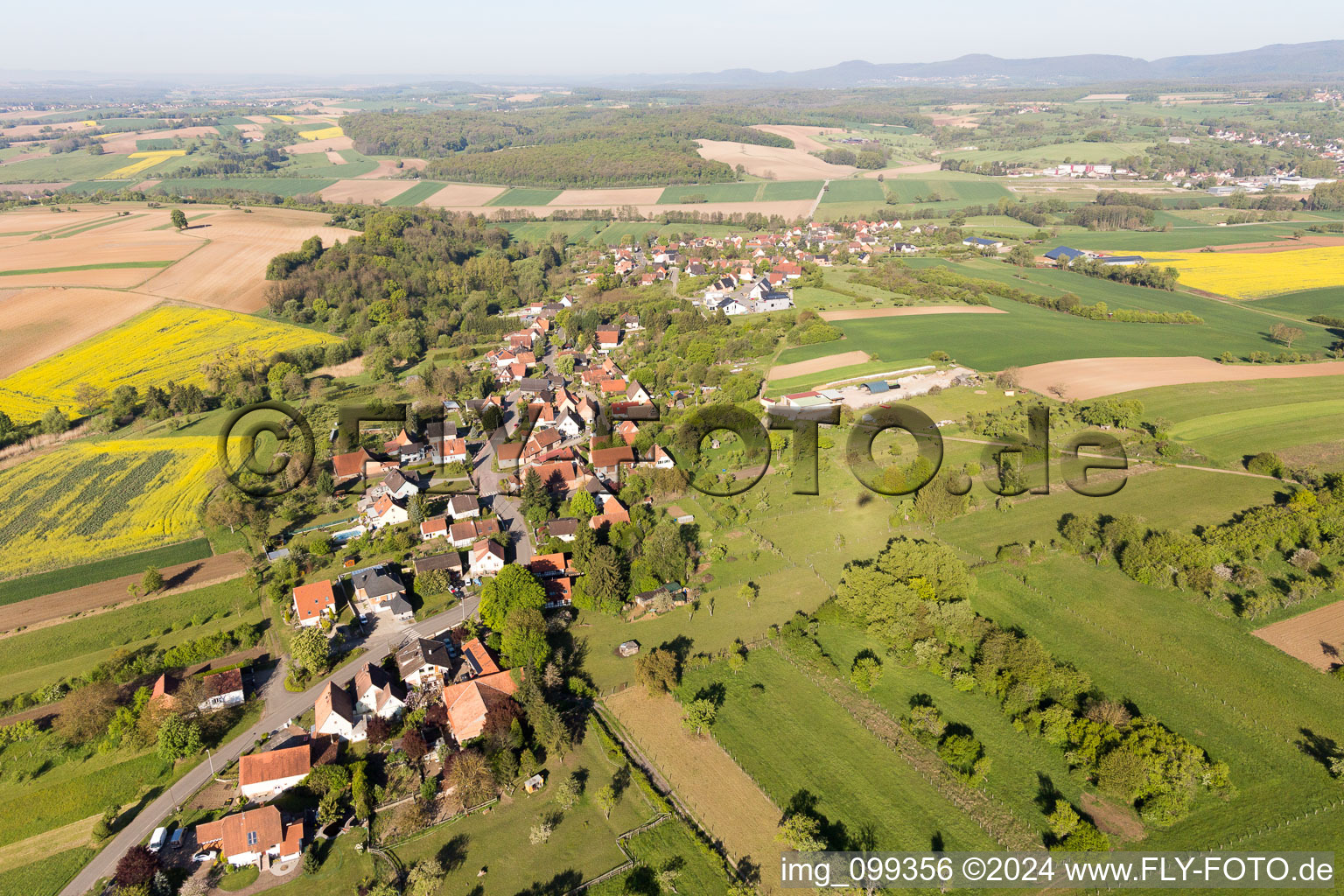 Dorf - Ansicht am Rande von landwirtschaftlichen Feldern und Nutzflächen in Gunstett in Grand Est in Oberdorf-Spachbach im Bundesland Bas-Rhin, Frankreich