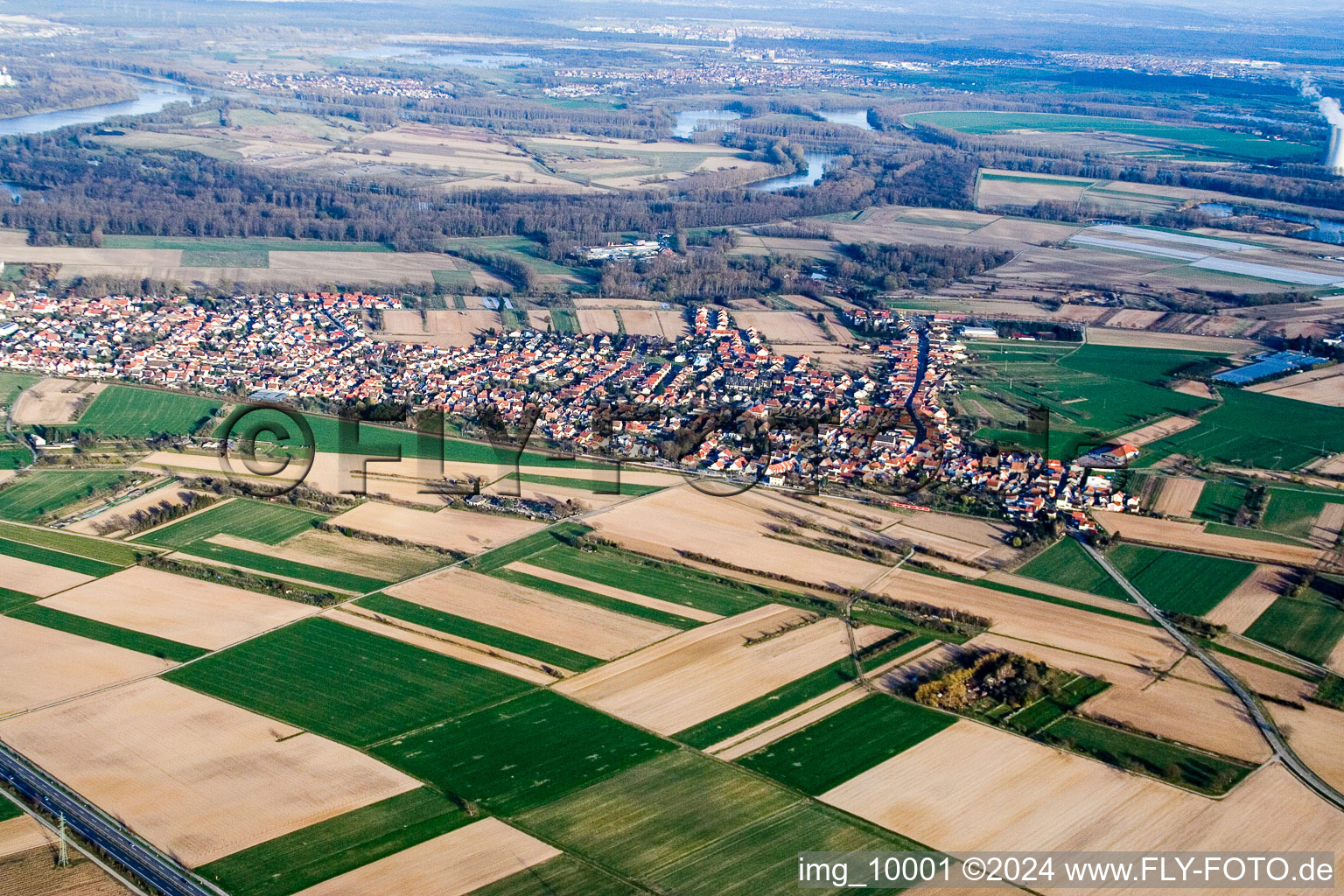 Dorf - Ansicht am Rande von landwirtschaftlichen Feldern und Nutzflächen im Ortsteil Heiligenstein in Römerberg im Bundesland Rheinland-Pfalz, Deutschland