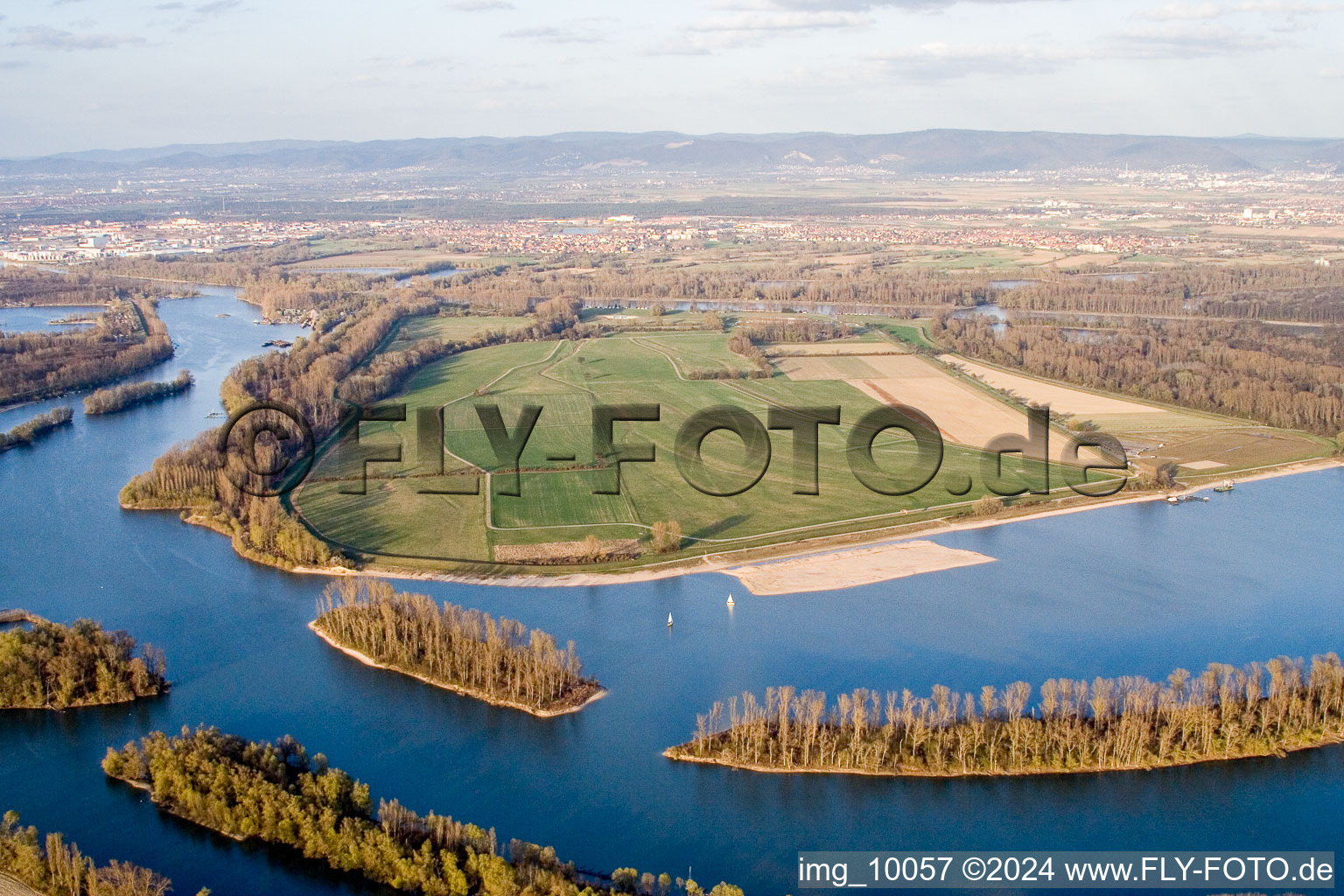 Koller-Insel am Ufer des Flußverlaufes Koller See und Otterstädter Altrhein in Otterstadt im Bundesland Rheinland-Pfalz, Deutschland