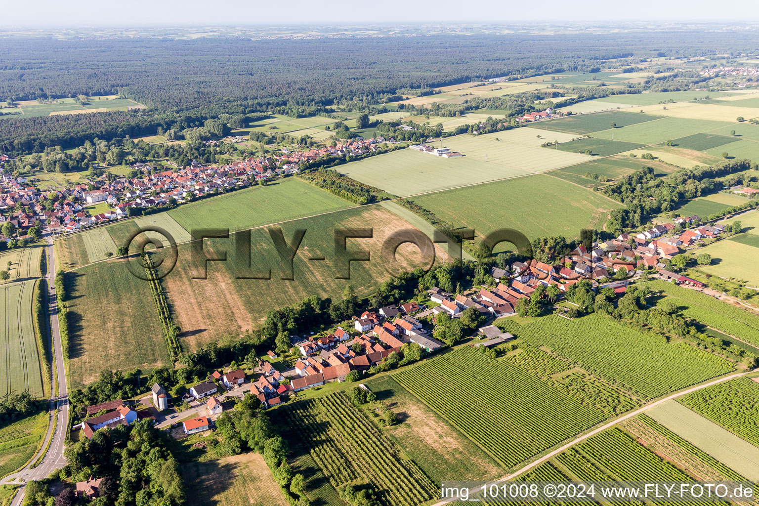 Dorf - Ansicht am Rande von landwirtschaftlichen Feldern und Nutzflächen in Vollmersweiler im Bundesland Rheinland-Pfalz, Deutschland