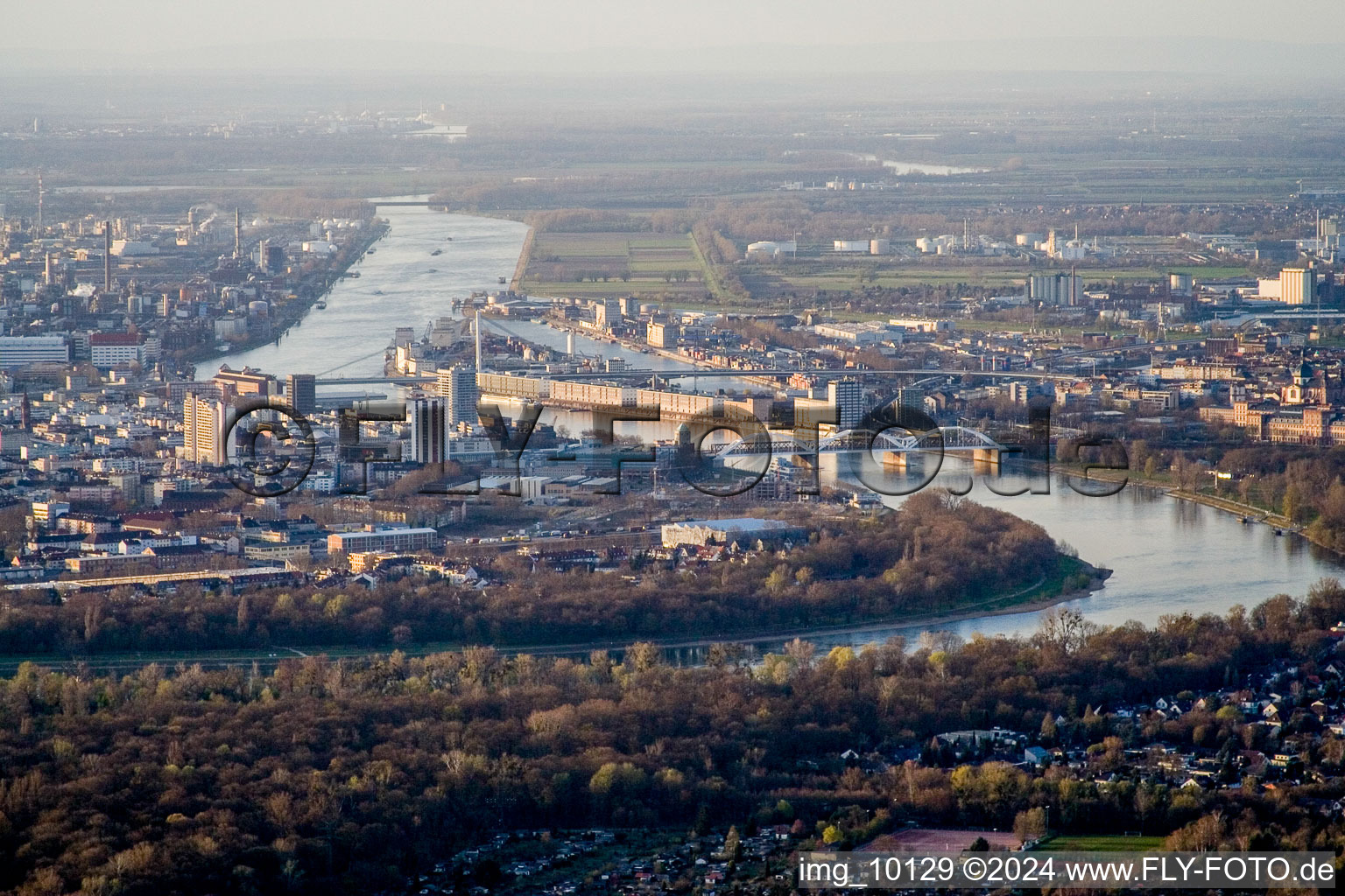 Stadtansicht am Ufer des Flußverlaufes des Rhein in Ludwigshafen am Rhein im Ortsteil Süd im Bundesland Rheinland-Pfalz, Deutschland