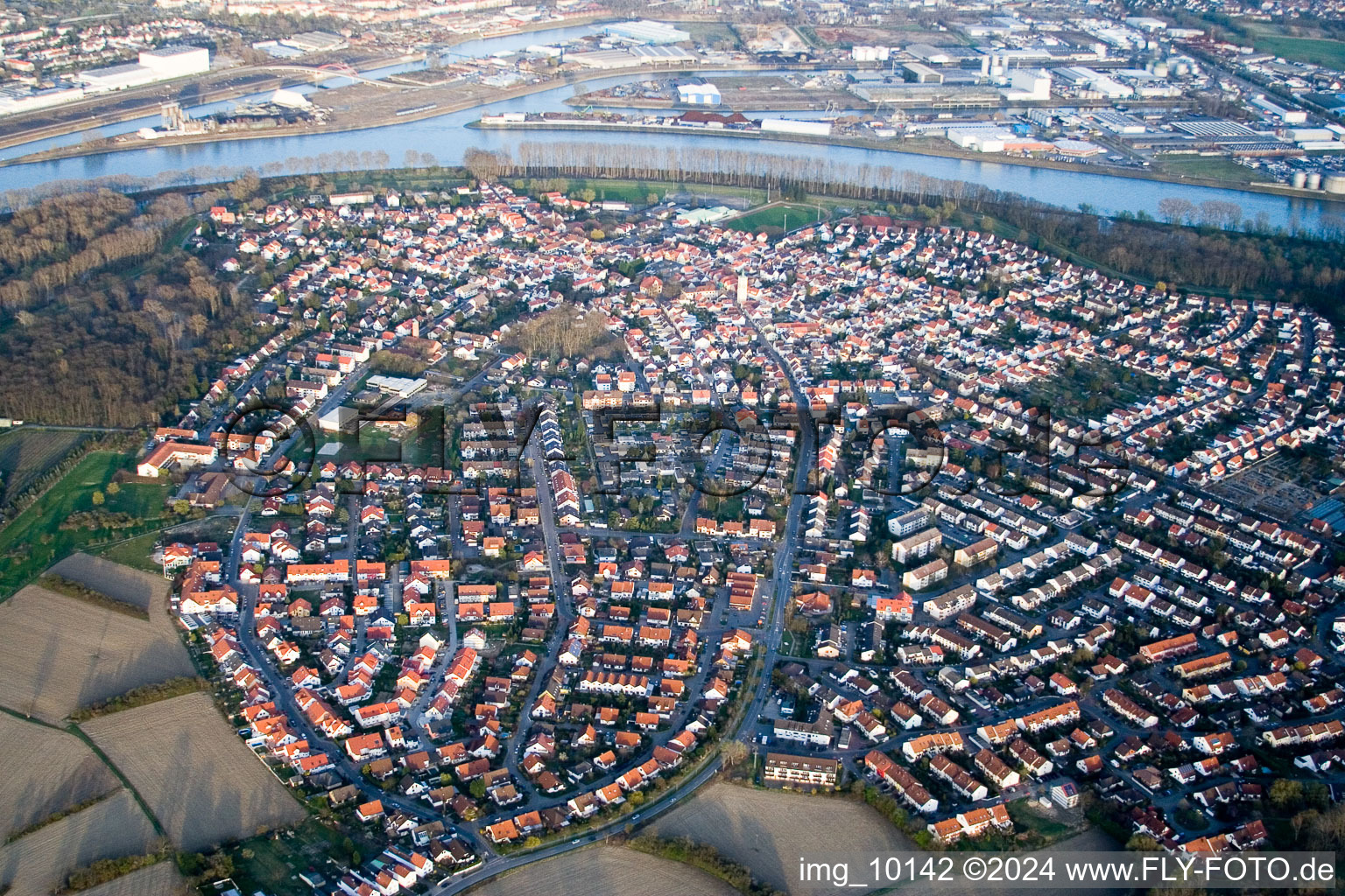 Luftaufnahme von Ortsansicht der Straßen und Häuser der Wohngebiete in Altrip im Bundesland Rheinland-Pfalz, Deutschland