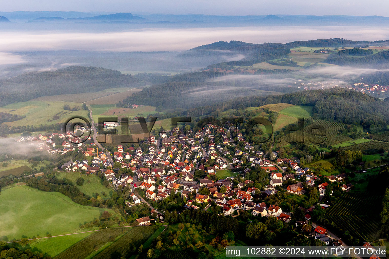 Dorf - Ansicht am Rande von Feldern vor dem von Frühnebel verhüllten Bodensee im Ortsteil Möggingen in Radolfzell am Bodensee im Bundesland Baden-Württemberg, Deutschland