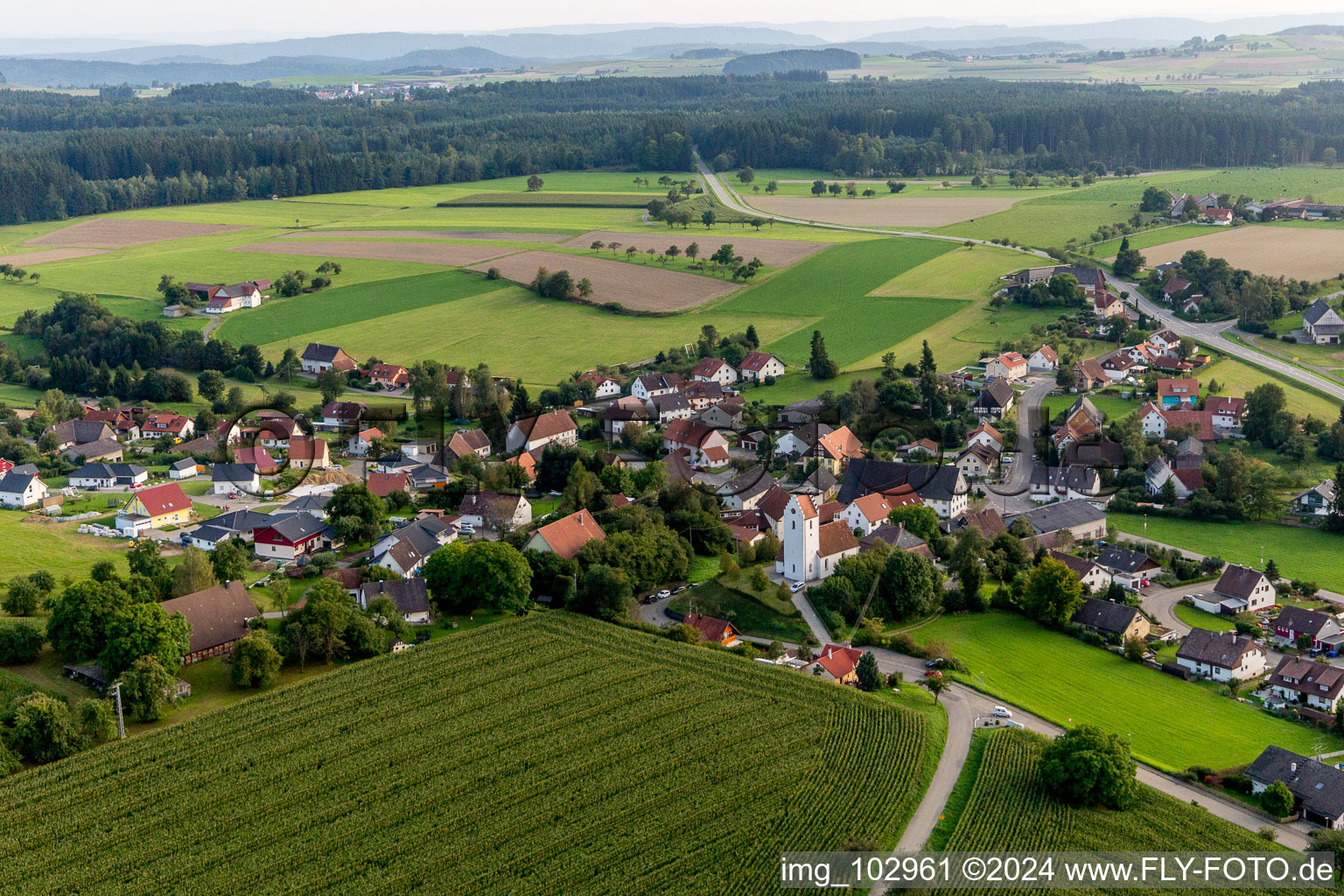 Dorf - Ansicht am Rande von landwirtschaftlichen Feldern und Nutzflächen in Sentenhart im Bundesland Baden-Württemberg, Deutschland