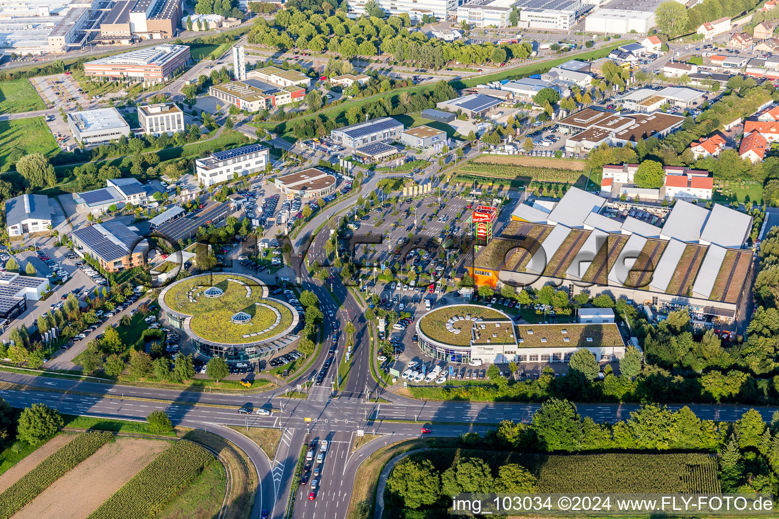 Acht-förmiges Autohandels- Gebäude mit begrüntem Dach des Autohauses Autohaus Ebert GmbH & Co. KG und Auto Knapp GmbH und  Globus Baumarkt Weinheim in Weinheim im Bundesland Baden-Württemberg, Deutschland