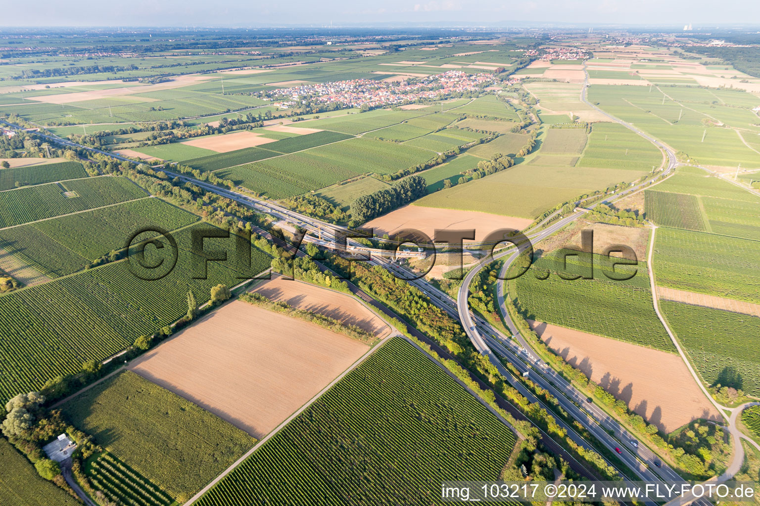 Luftaufnahme von A65 Abfahrt Landau-Nord im Ortsteil Dammheim in Landau in der Pfalz im Bundesland Rheinland-Pfalz, Deutschland
