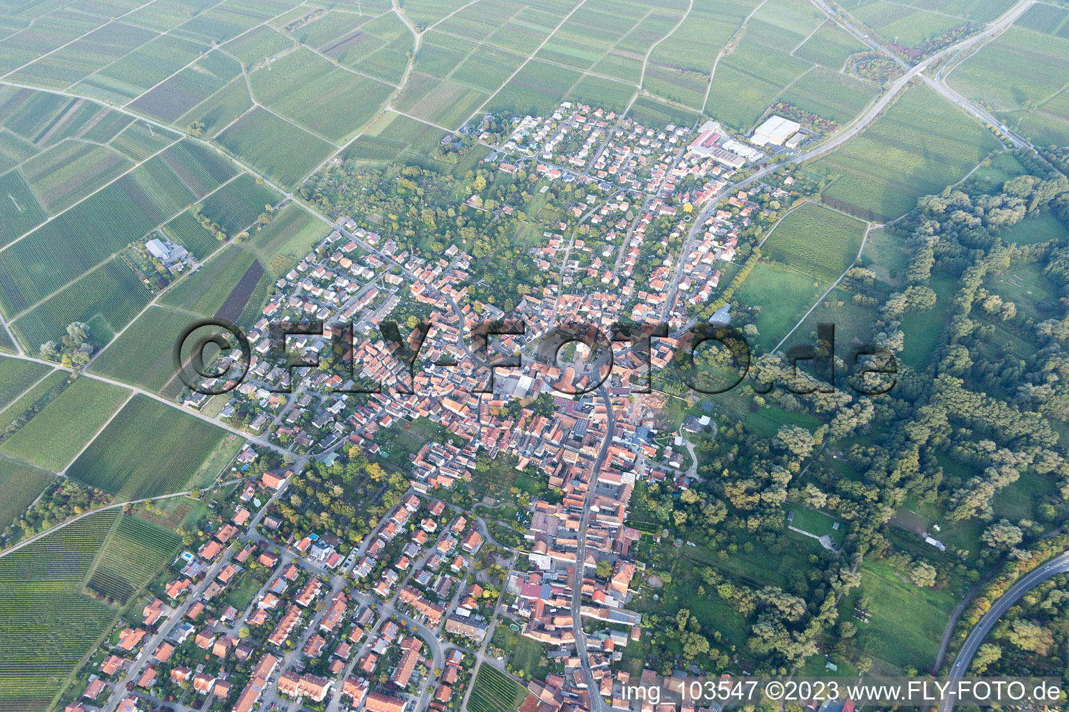 Ortsteil Godramstein in Landau in der Pfalz im Bundesland Rheinland-Pfalz, Deutschland aus der Drohnenperspektive