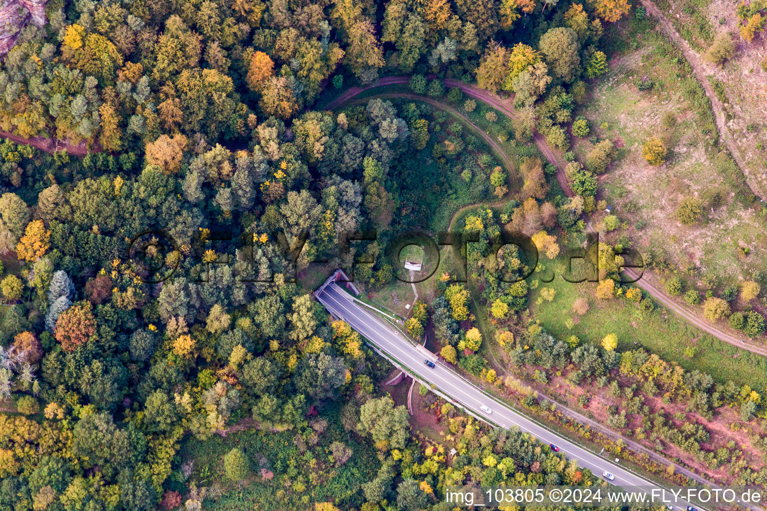 Luftbild von Ein- und Ausfahrt des B48 Tunnel im engen Tal der Queich in Rinnthal im Bundesland Rheinland-Pfalz, Deutschland