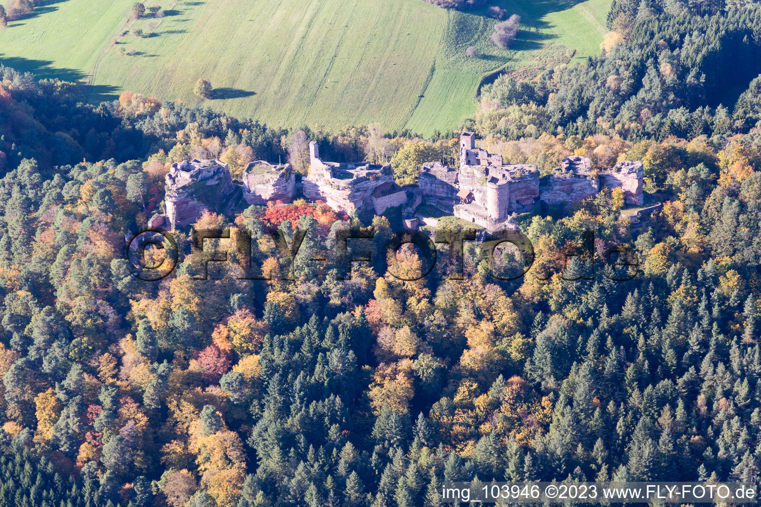 Luftbild von Dahn, Ruine Alt-Dahn im Bundesland Rheinland-Pfalz, Deutschland
