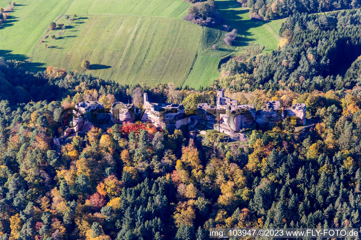 Luftaufnahme von Dahn, Ruine Alt-Dahn im Bundesland Rheinland-Pfalz, Deutschland