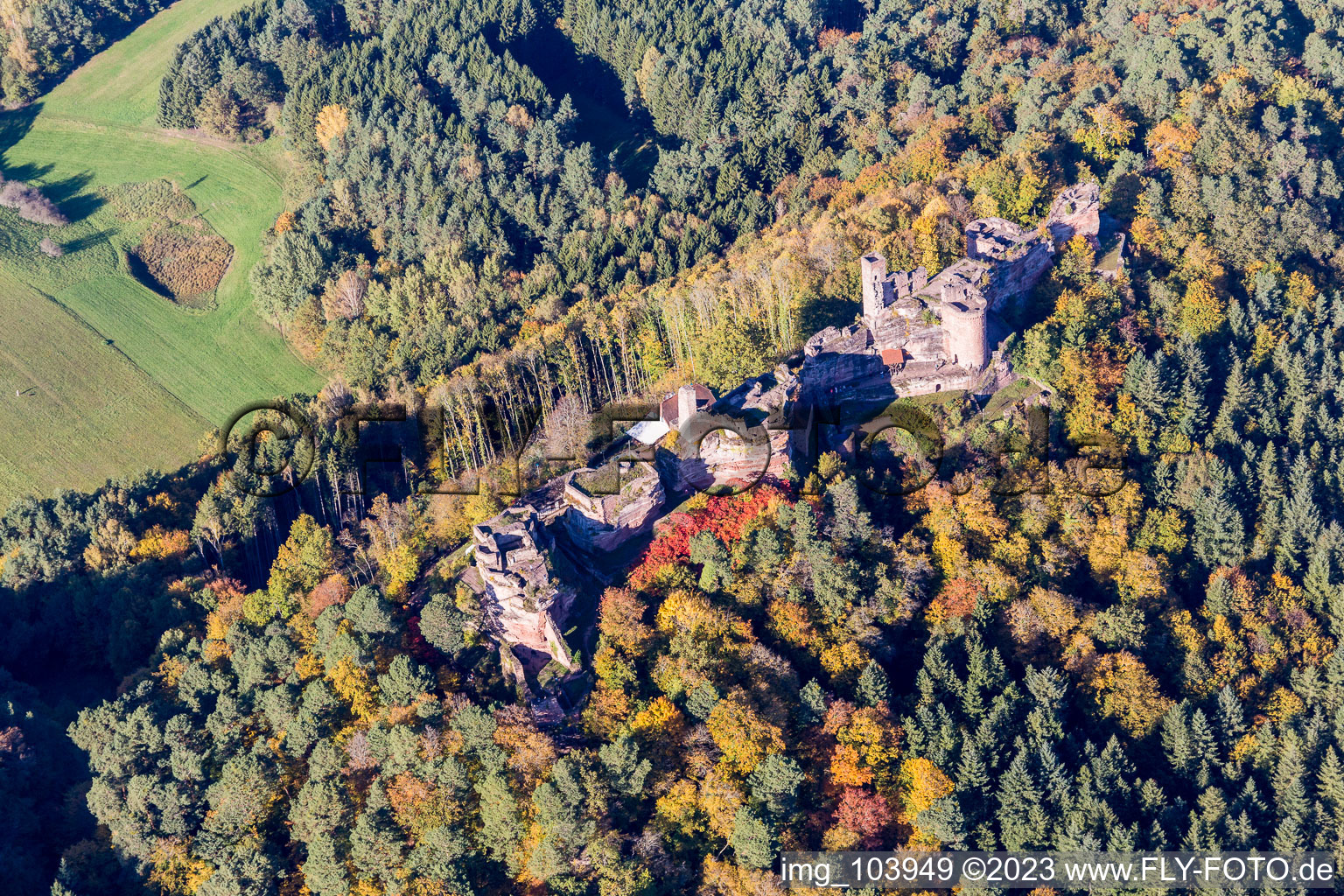 Schrägluftbild von Dahn, Ruine Alt-Dahn im Bundesland Rheinland-Pfalz, Deutschland