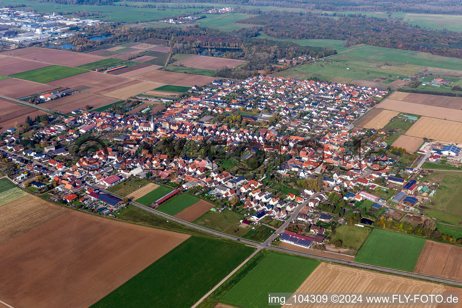 Luftbild von Dorf - Ansicht am Rande von landwirtschaftlichen Feldern und Nutzflächen in Ottersheim bei Landau im Bundesland Rheinland-Pfalz, Deutschland