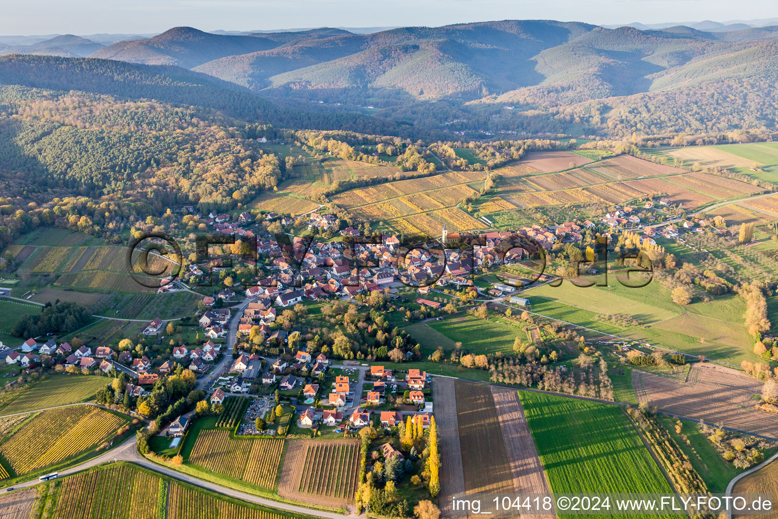 Dorf - Ansicht am Rande von Weinbergen in Rott in Grand Est im Bundesland Bas-Rhin, Frankreich
