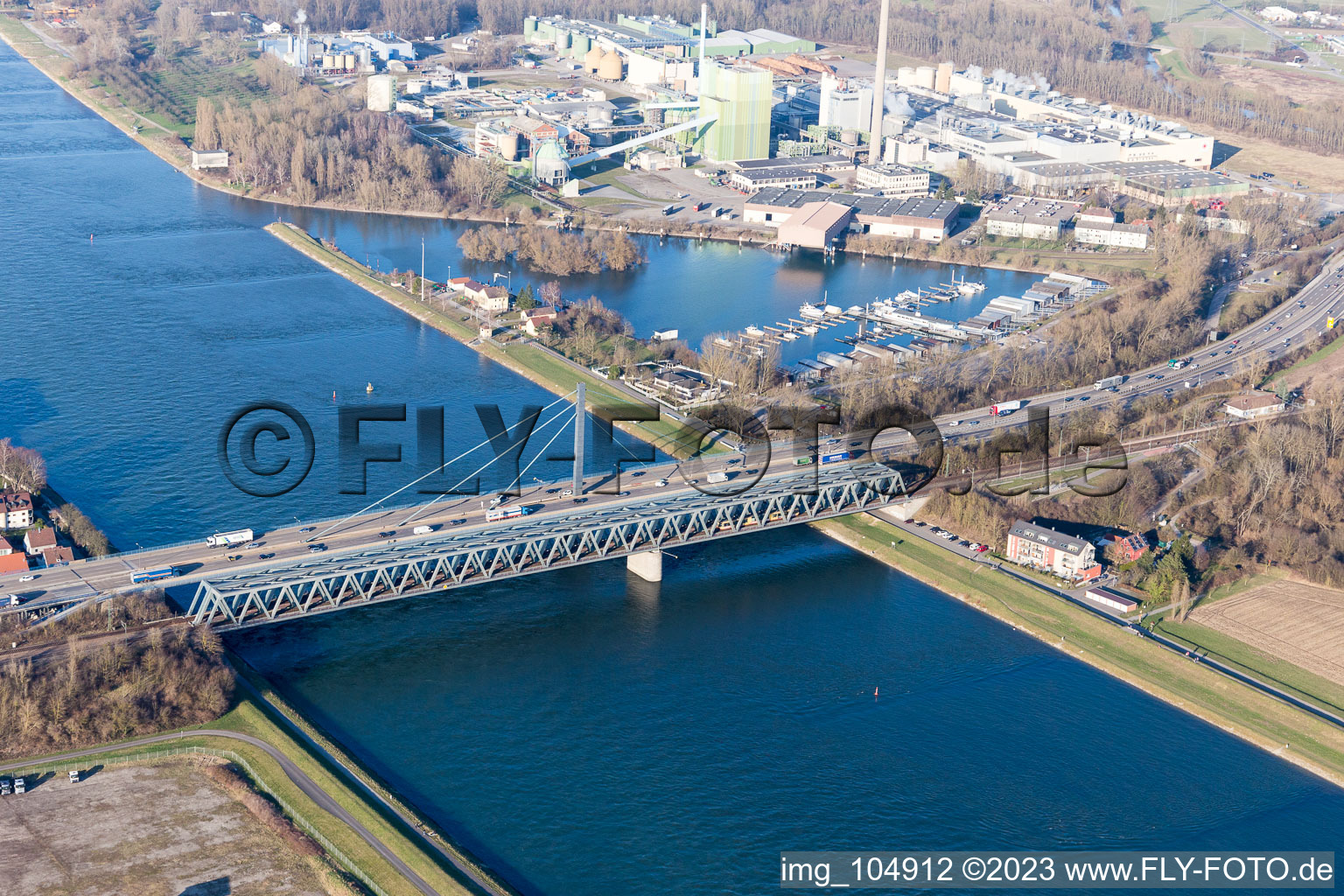 Luftbild von Maximiliansau, Rheinbrücken in Wörth am Rhein im Bundesland Rheinland-Pfalz, Deutschland