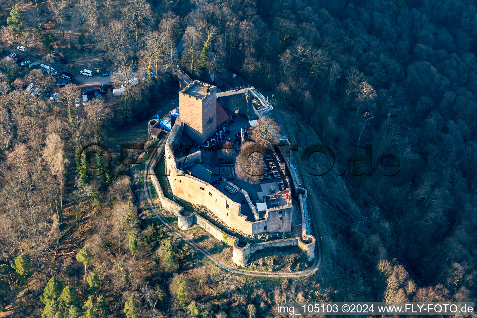 Luftbild von Burgruine Landeck in Klingenmünster im Bundesland Rheinland-Pfalz, Deutschland