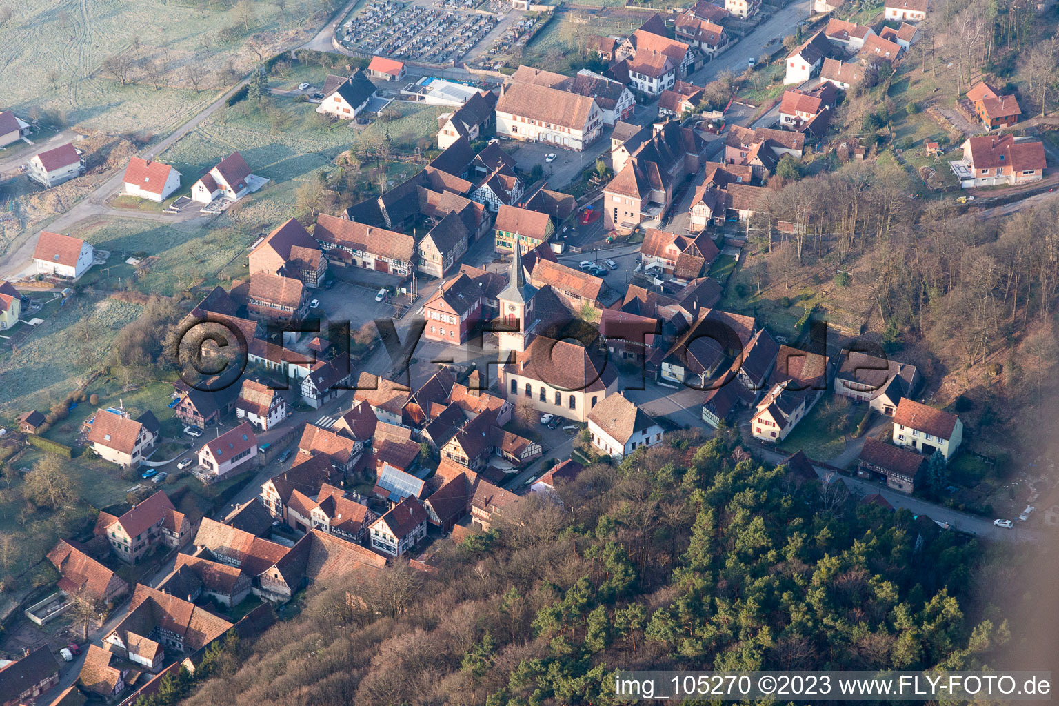 Luftbild von Offwiller im Bundesland Bas-Rhin, Frankreich