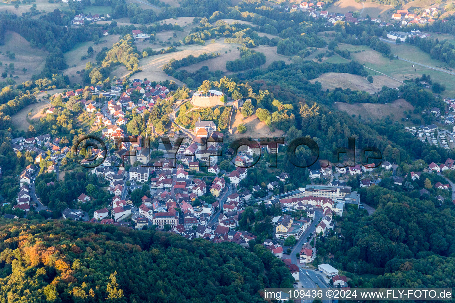 Luftbild von Burganlage des Schloß Café Reichenberg in Reichelsheim (Odenwald) im Bundesland Hessen, Deutschland