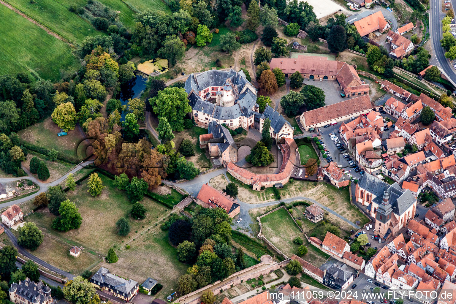 Schrägluftbild von Büdingen. Schloss Büdingen im Bundesland Hessen, Deutschland