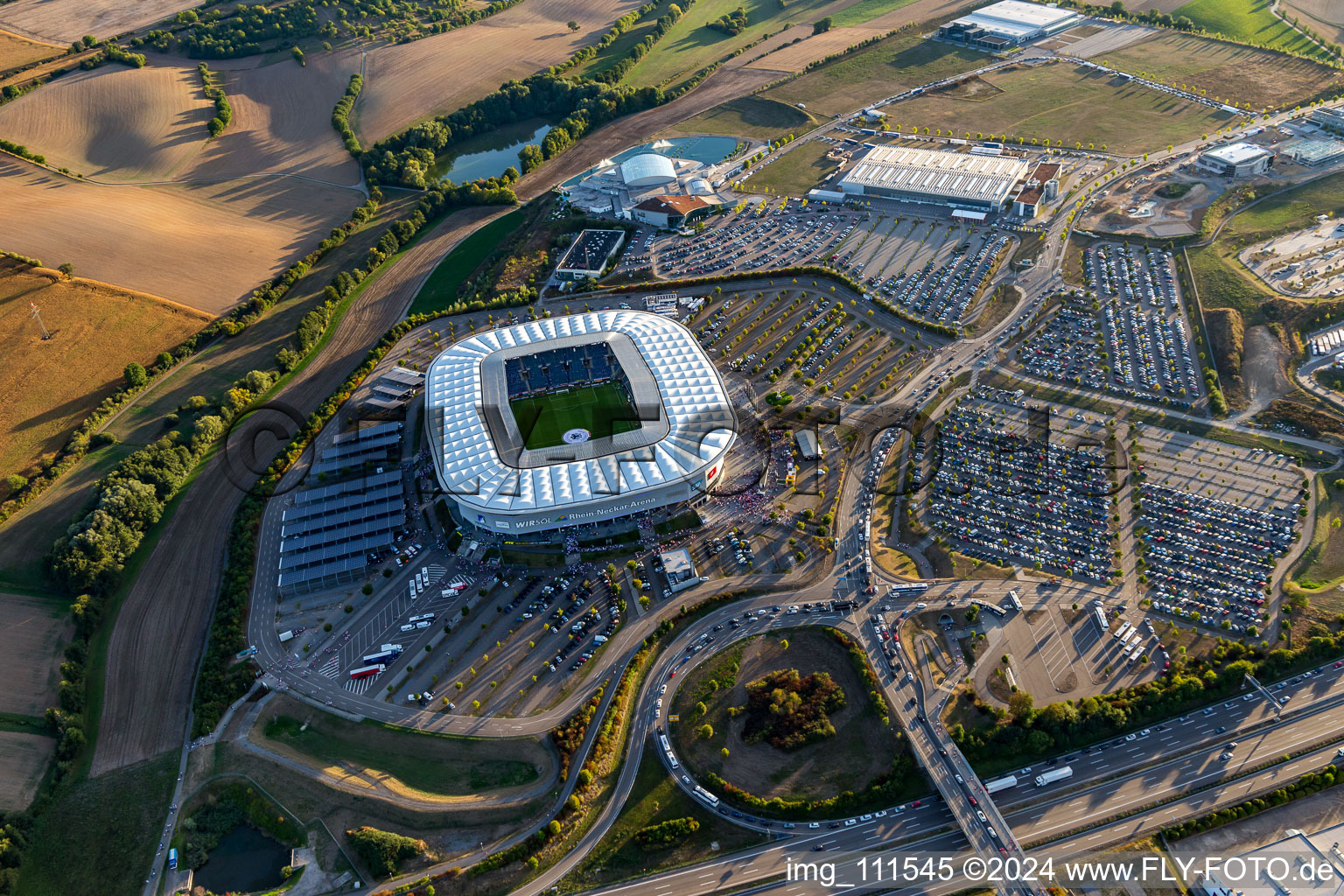 Sportstätten-Gelände der Arena des Stadion WIRSOL Rhein-Neckar-Arena an der Dietmar-Hopp-Straße in Sinsheim im Ortsteil Steinsfurt im Bundesland Baden-Württemberg, Deutschland