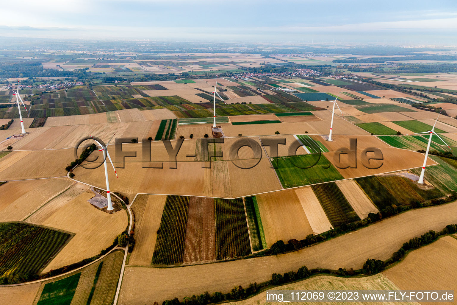 Freckenfeld, Windpark der EnBW - Windenergieanlage mit 6 Windrädern im Bundesland Rheinland-Pfalz, Deutschland vom Flugzeug aus