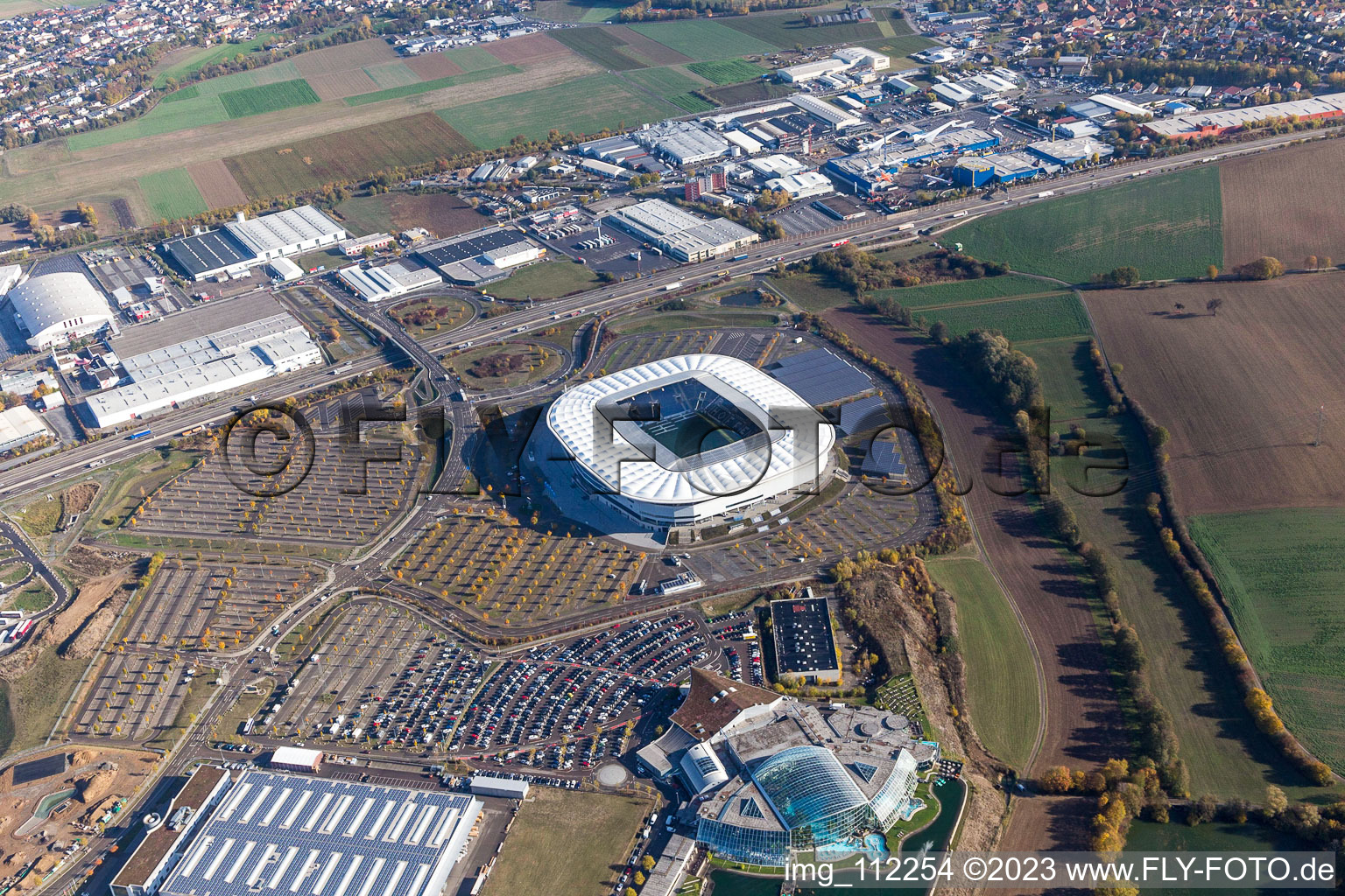 Luftbild von WIRSOL Arena FC Hoffenheim im Ortsteil Steinsfurt in Sinsheim im Bundesland Baden-Württemberg, Deutschland