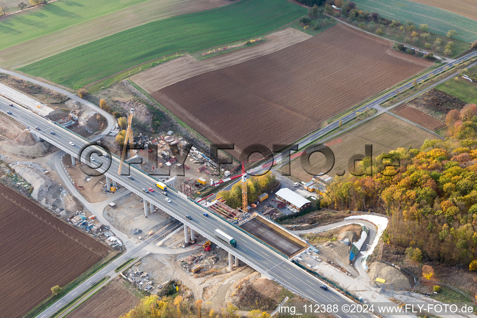 Brückenbaustelle an der BAB A7 im Ortsteil Schraudenbach in Werneck im Bundesland Bayern, Deutschland