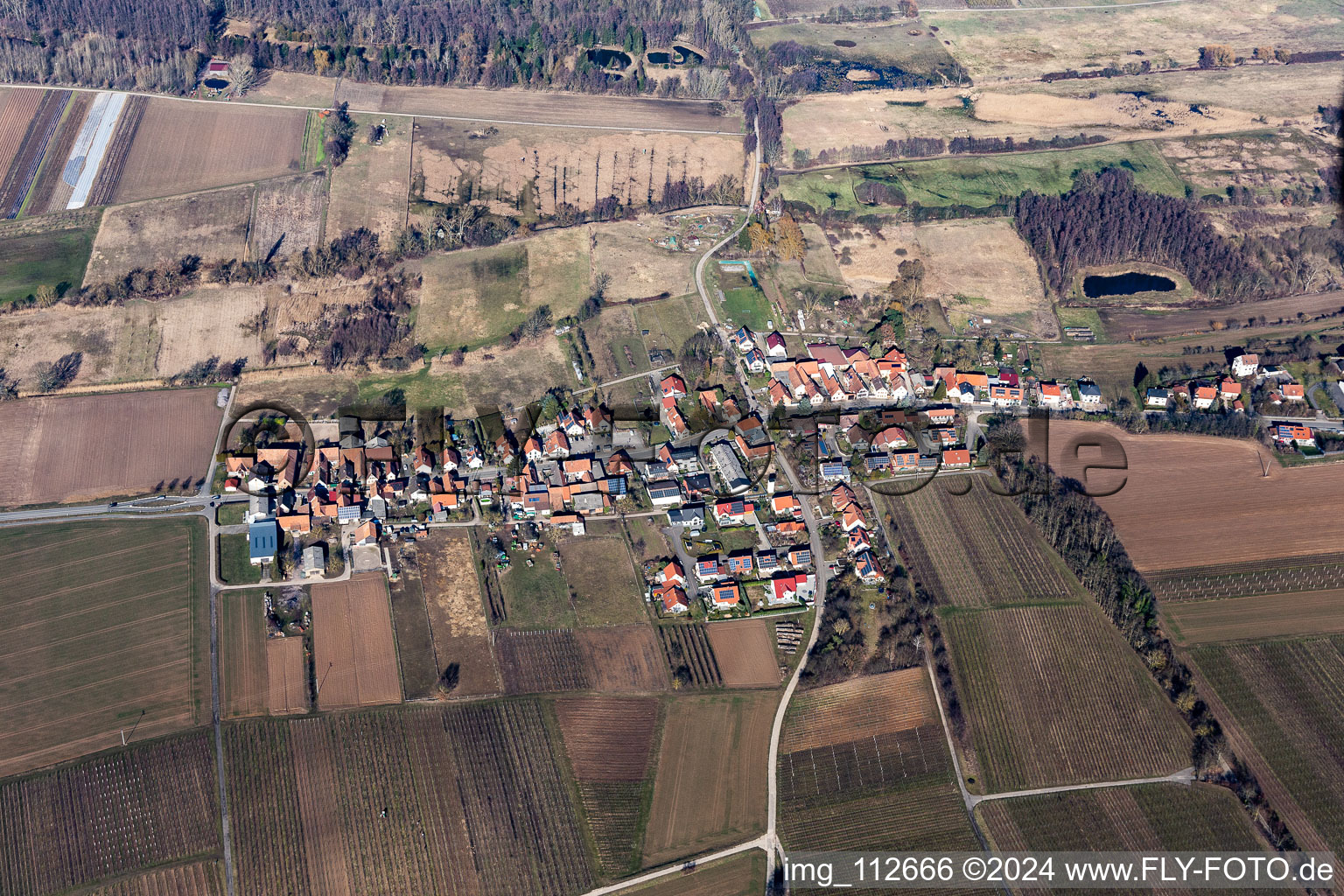 Dorf - Ansicht am Rande von landwirtschaftlichen Feldern und Nutzflächen in Hergersweiler im Bundesland Rheinland-Pfalz, Deutschland