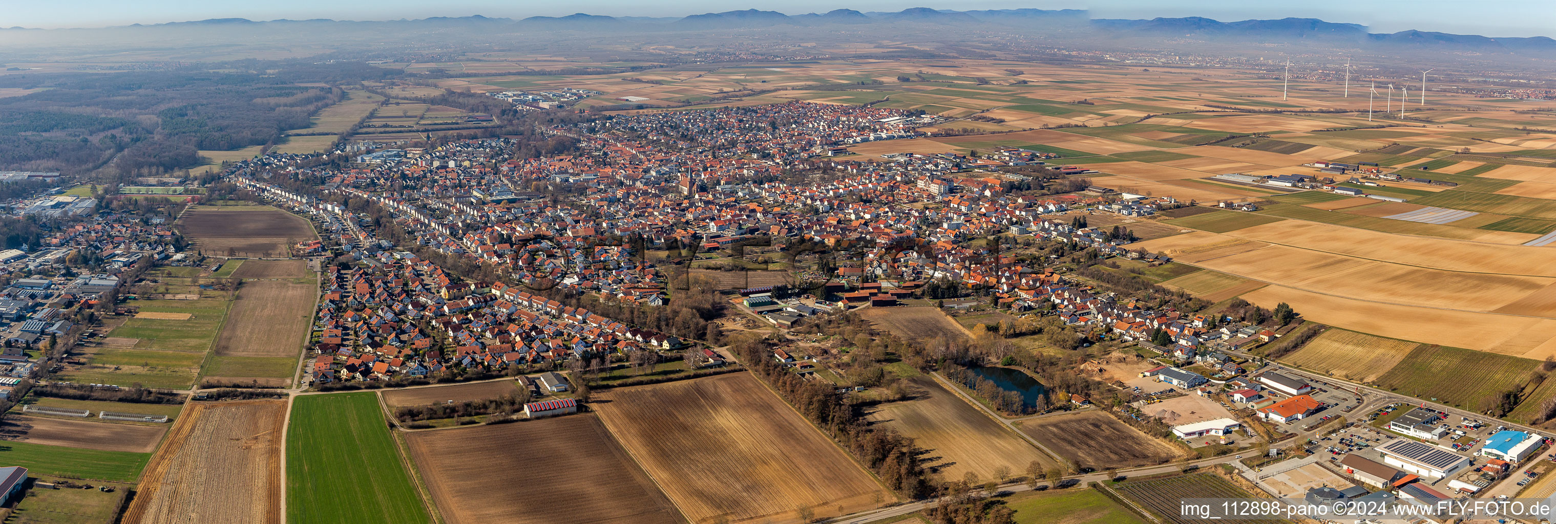 Panorama Perspektive Ortsansicht der Straßen und Häuser der Wohngebiete in Herxheim bei Landau (Pfalz) in Herxheim bei Landau/Pfalz im Bundesland Rheinland-Pfalz, Deutschland
