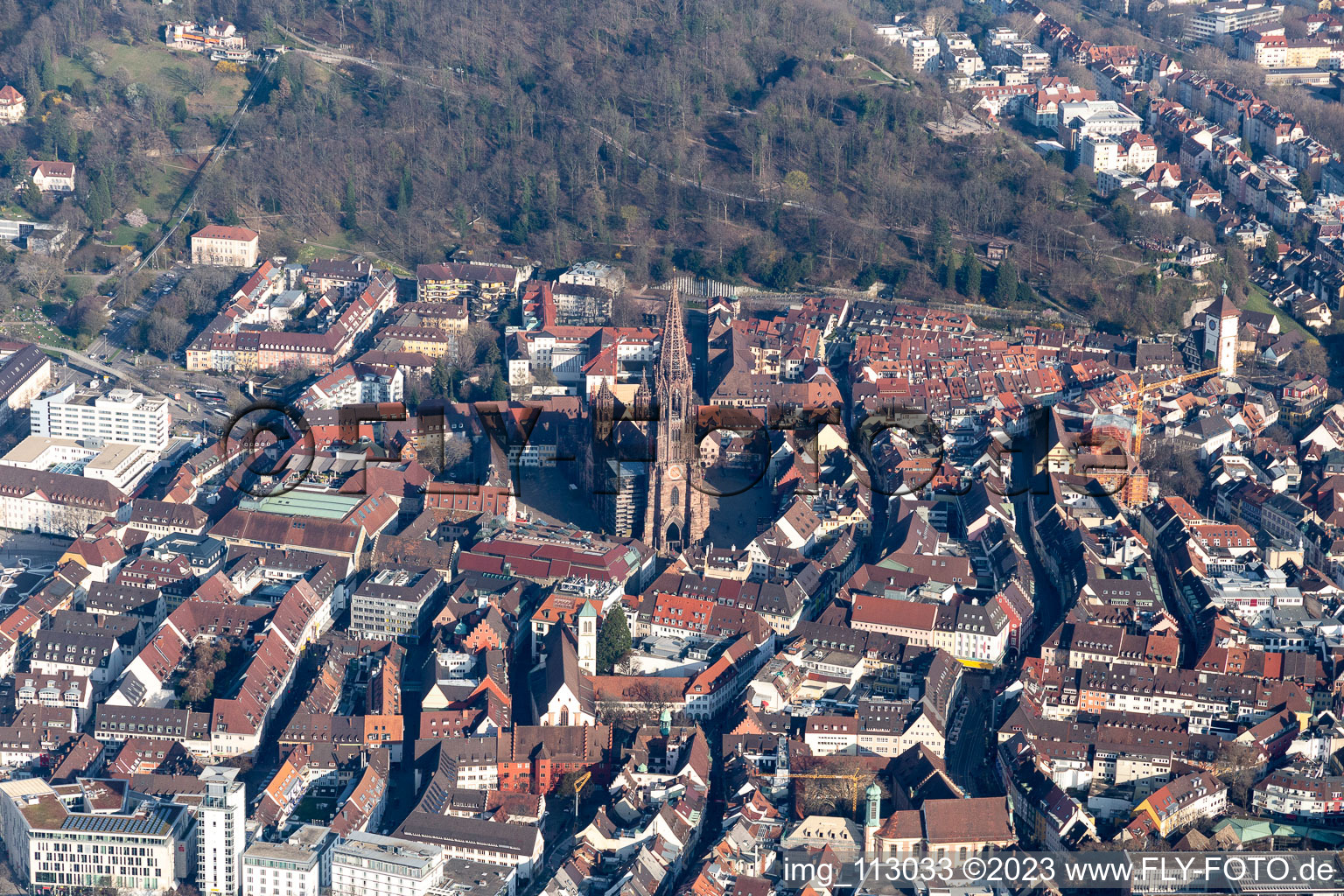 Schrägluftbild von Münster im Ortsteil Altstadt in Freiburg im Breisgau im Bundesland Baden-Württemberg, Deutschland