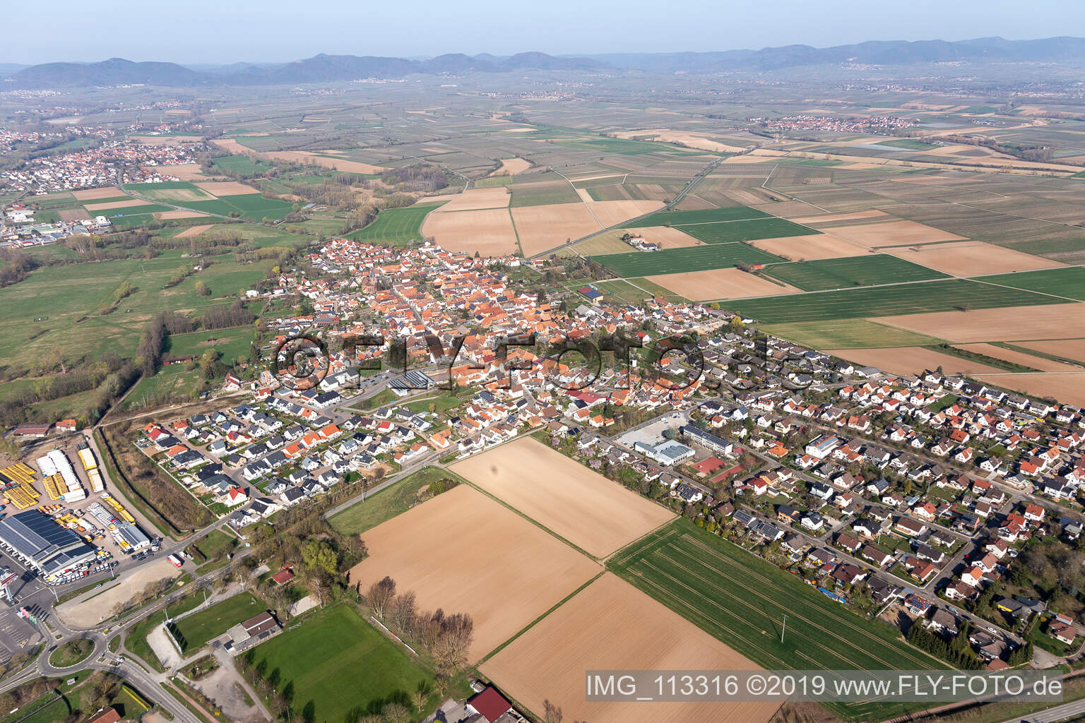 Dorf - Ansicht am Rande von landwirtschaftlichen Feldern und Nutzflächen in Rohrbach im Bundesland Rheinland-Pfalz, Deutschland von oben