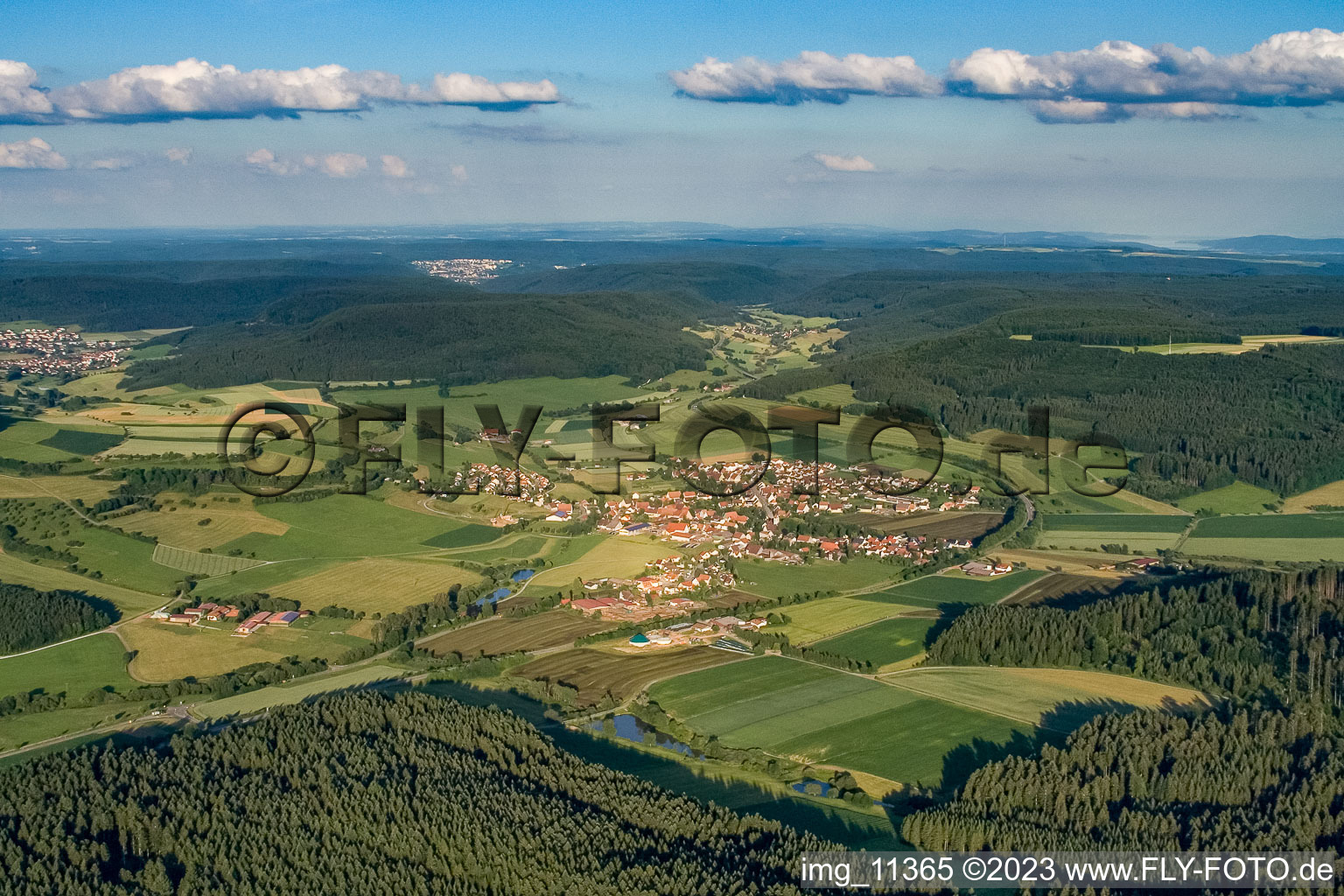 Dorf - Ansicht am Rande von landwirtschaftlichen Feldern und Nutzflächen in Talheim in Talheim bei Tuttlingen im Bundesland Baden-Württemberg, Deutschland